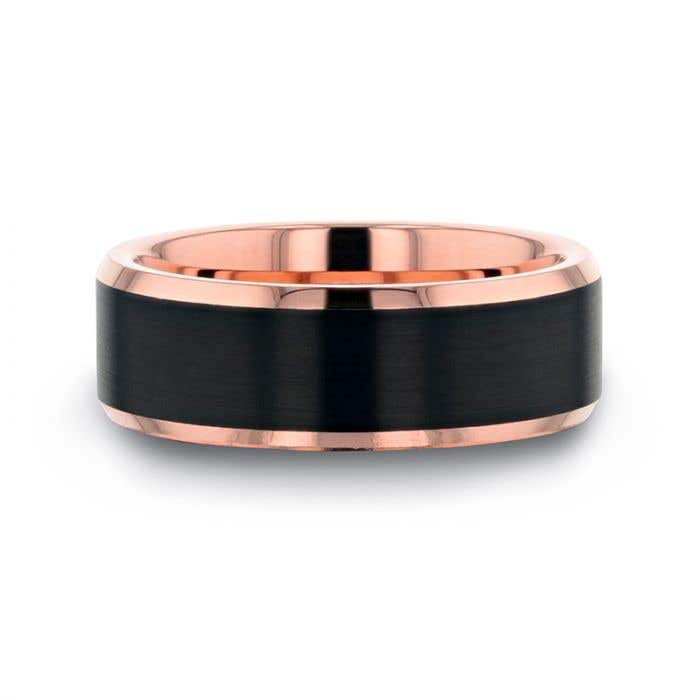 Thorsten "HAYDEN" Rose Gold Plated Tungsten Polished Beveled Ring with Brushed Black Center