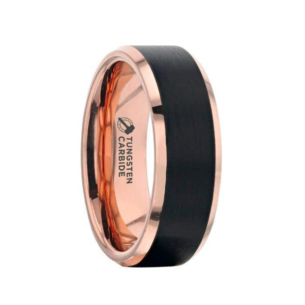 Thorsten "HAYDEN" Rose Gold Plated Tungsten Polished Beveled Ring with Brushed Black Center