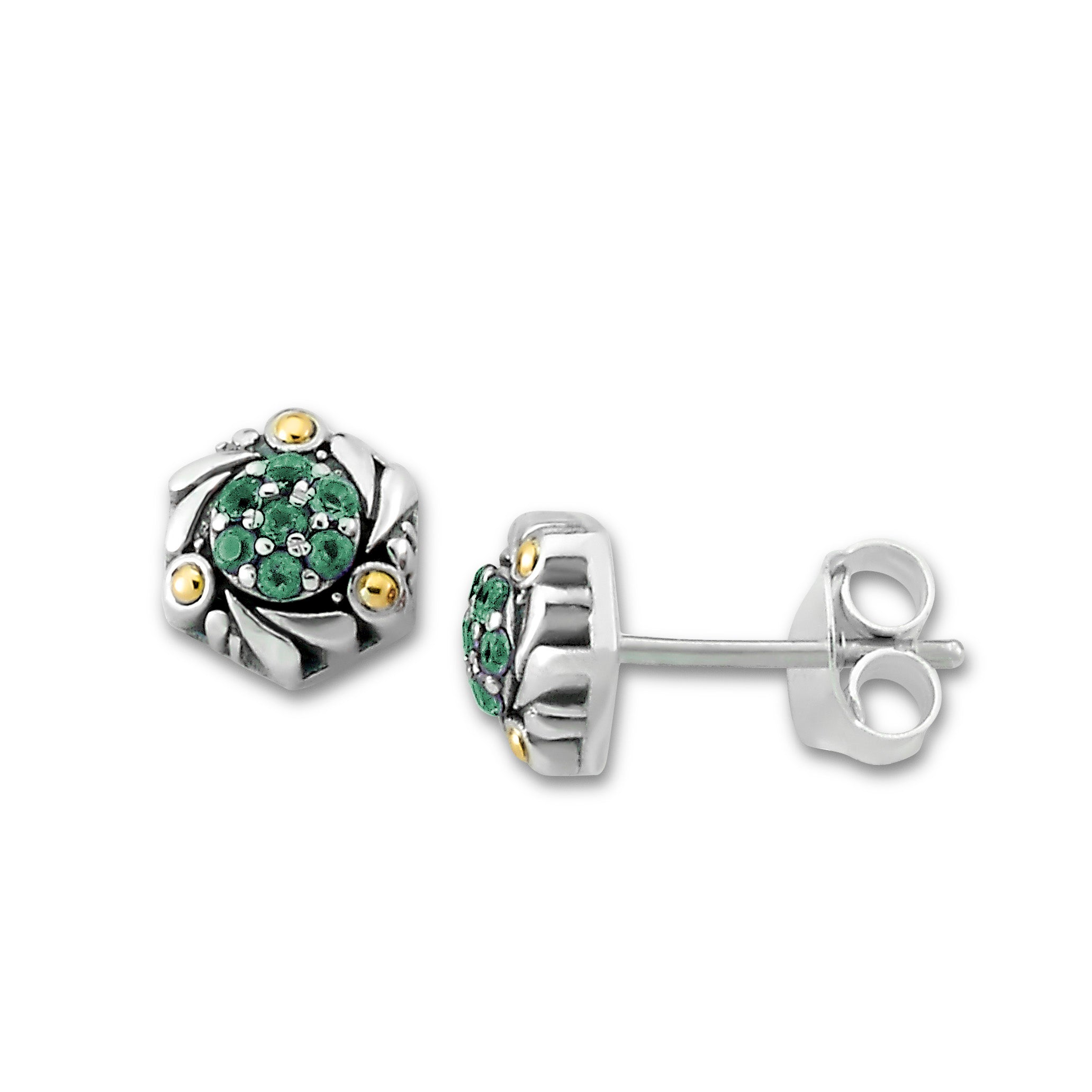 Samuel B. Sterling Silver and 18K Yellow Gold Pave Emerald Stud Earrings