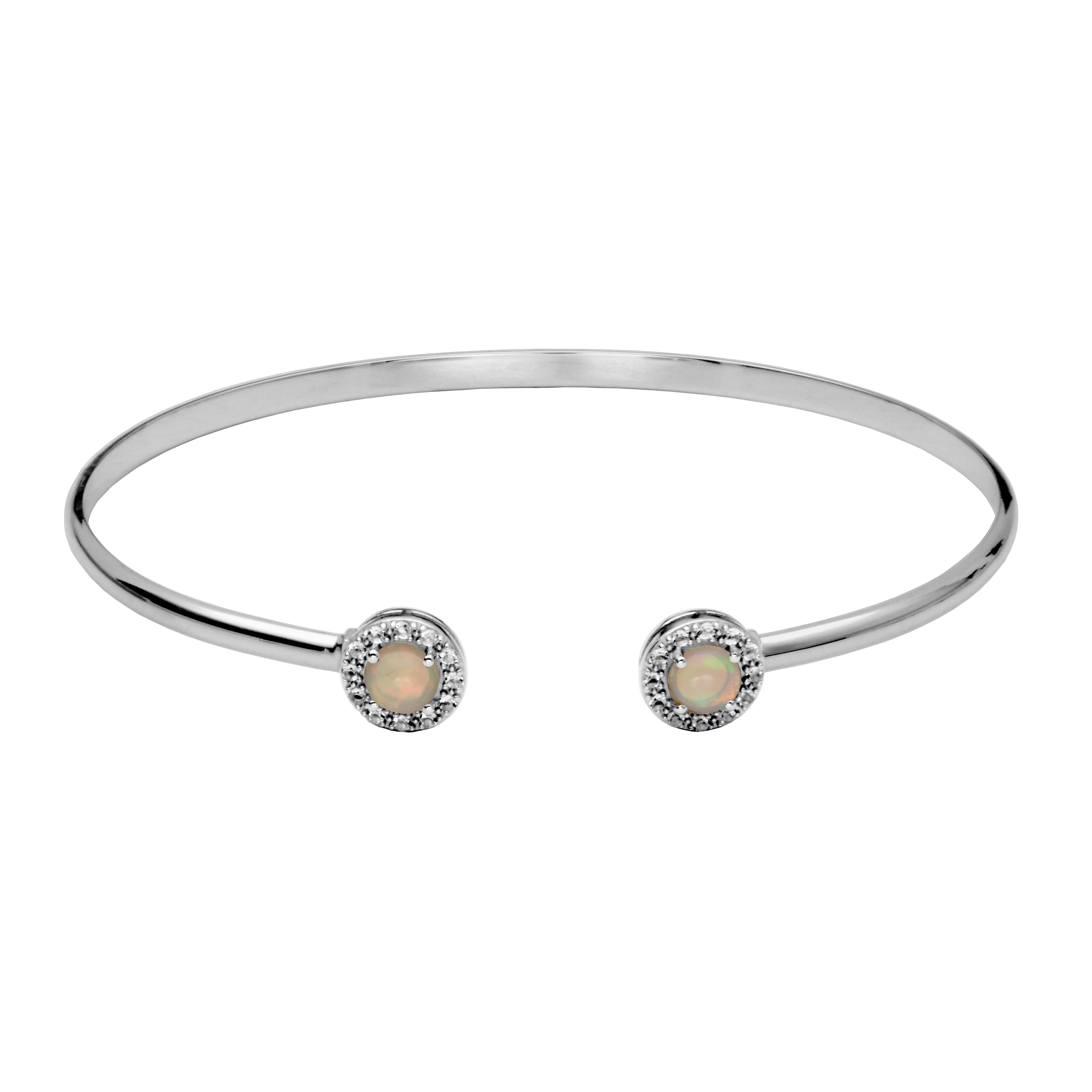 Picture of sterling silver cuff bangle bracelet. On each end of the cuff is a round opal surrounded by a halo of white topaz gemstones.