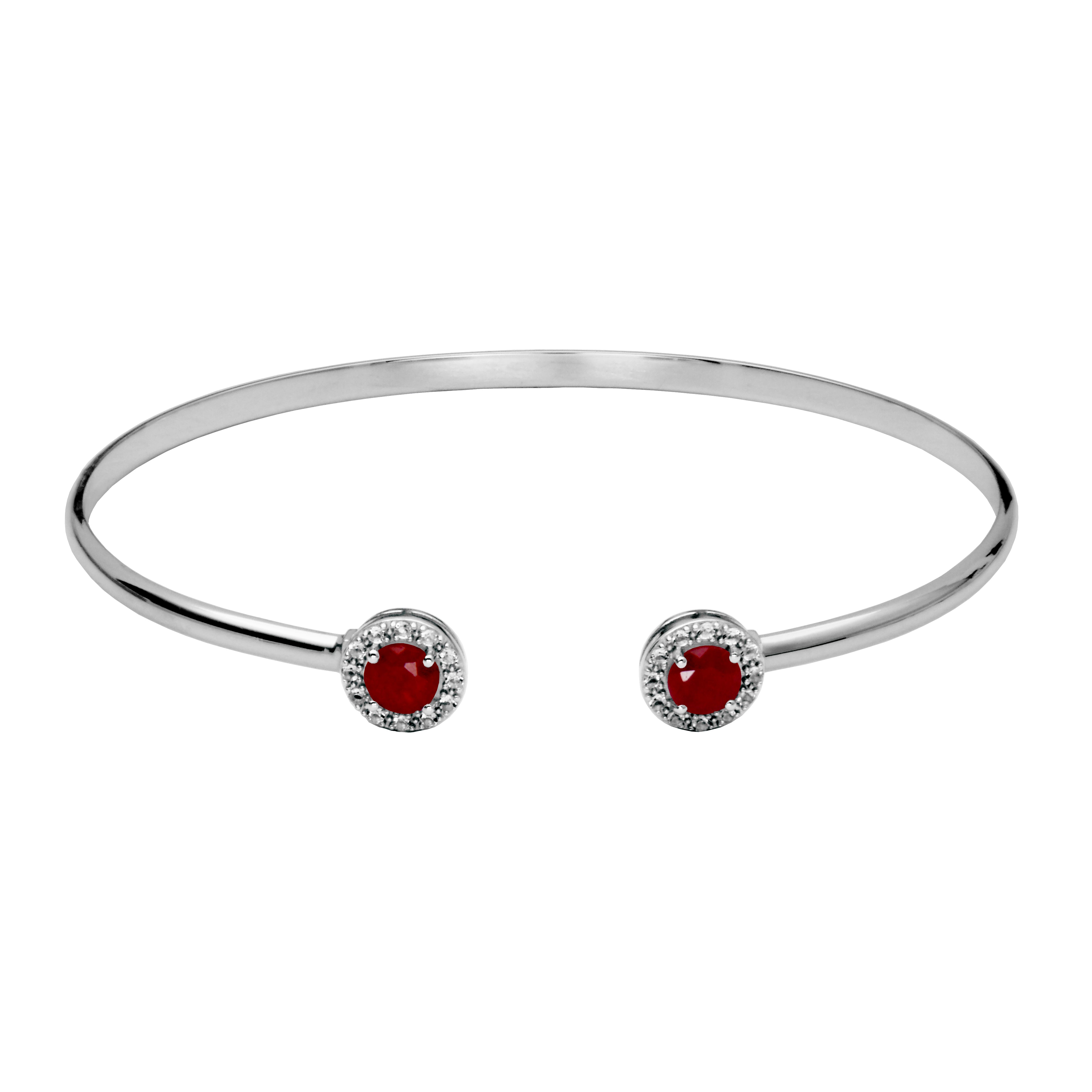 Cuff Bangle Bracelet. On each end of the cuff is a round ruby surrounded by a halo of white topaz gemstones.