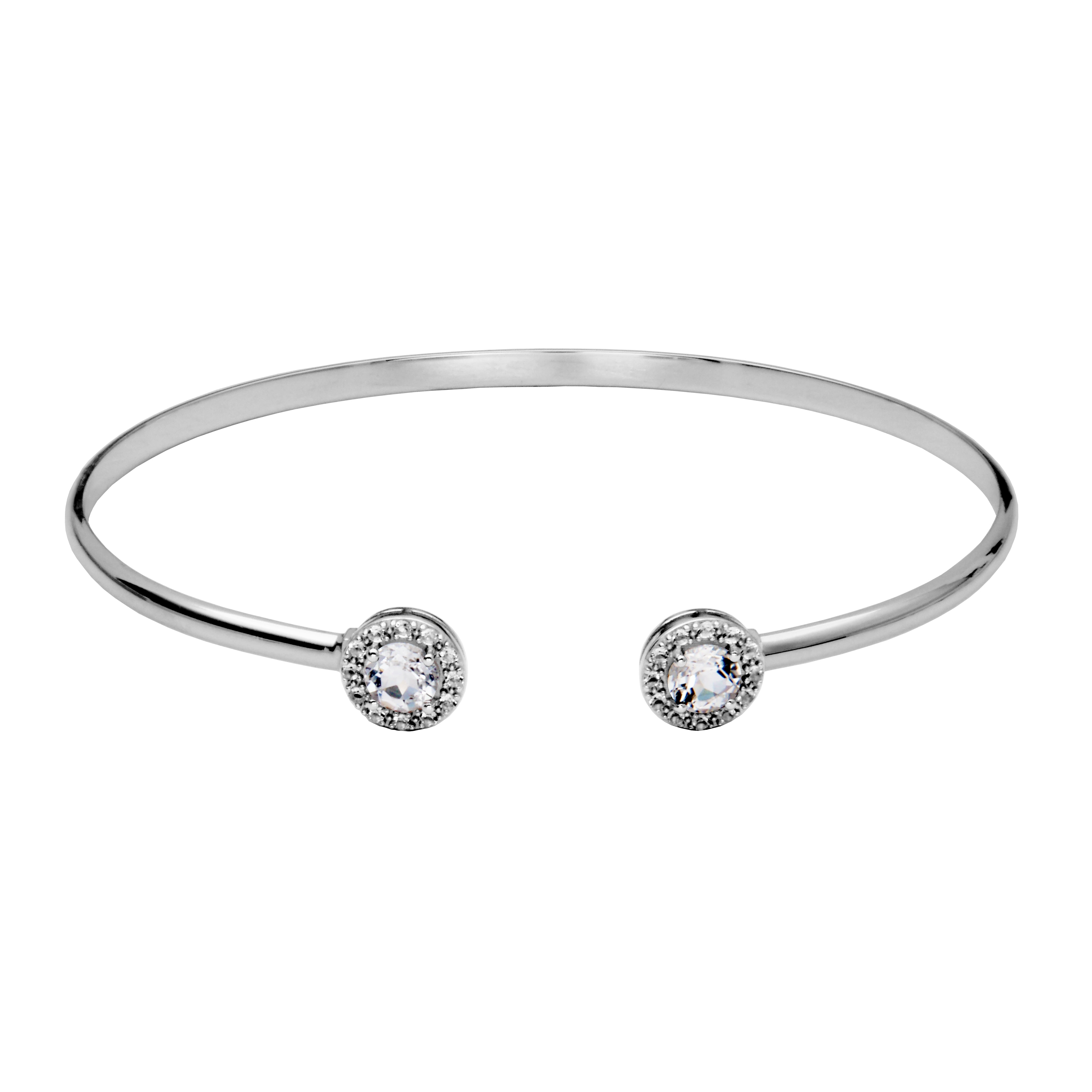 Picture of Sterling Silver Cuff Bangle Bracelet with round white topaz with halo accents on each end of the cuff.