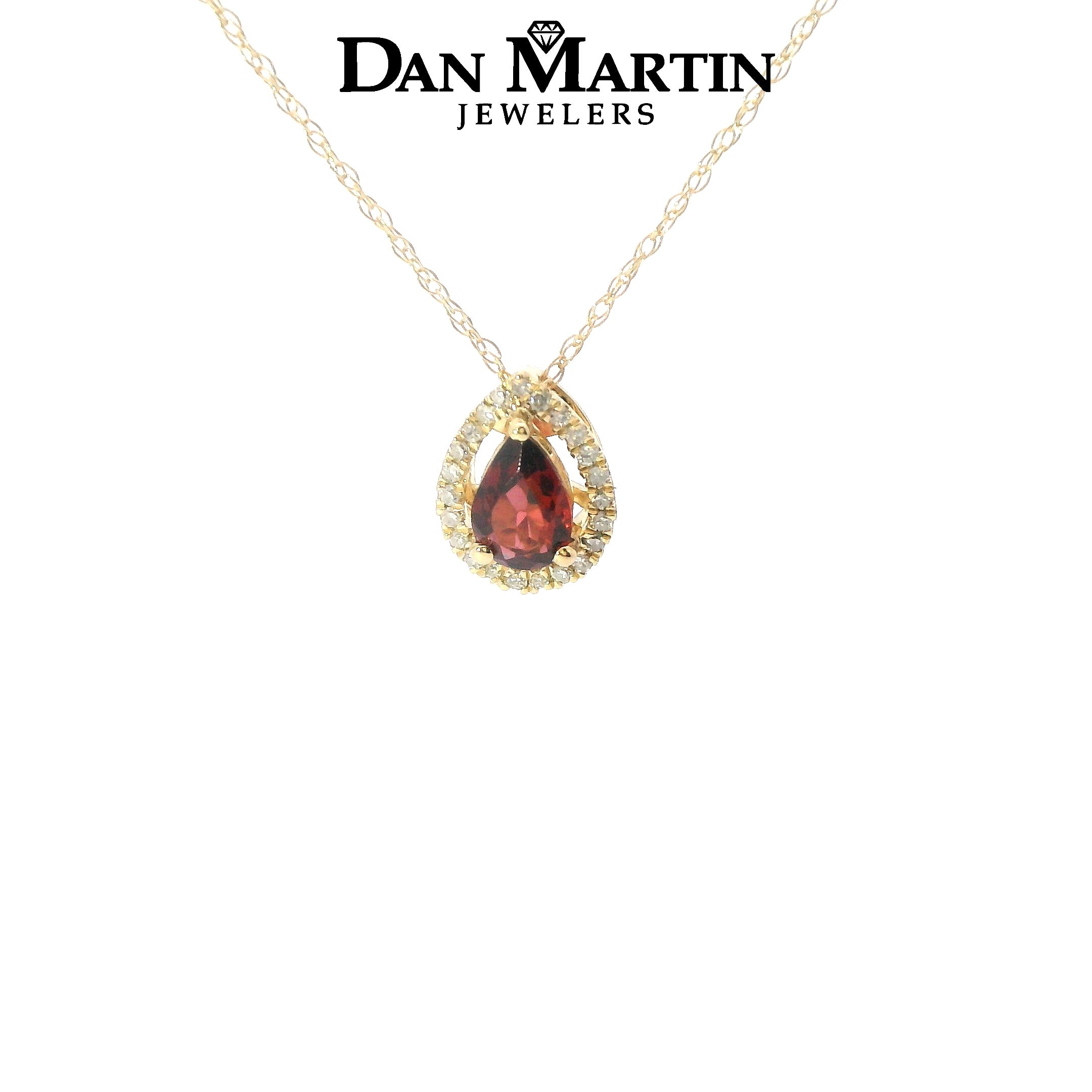 14K Yellow Gold Pear-Cut Garnet 1/20 CT. Diamond Halo Pendant Necklace