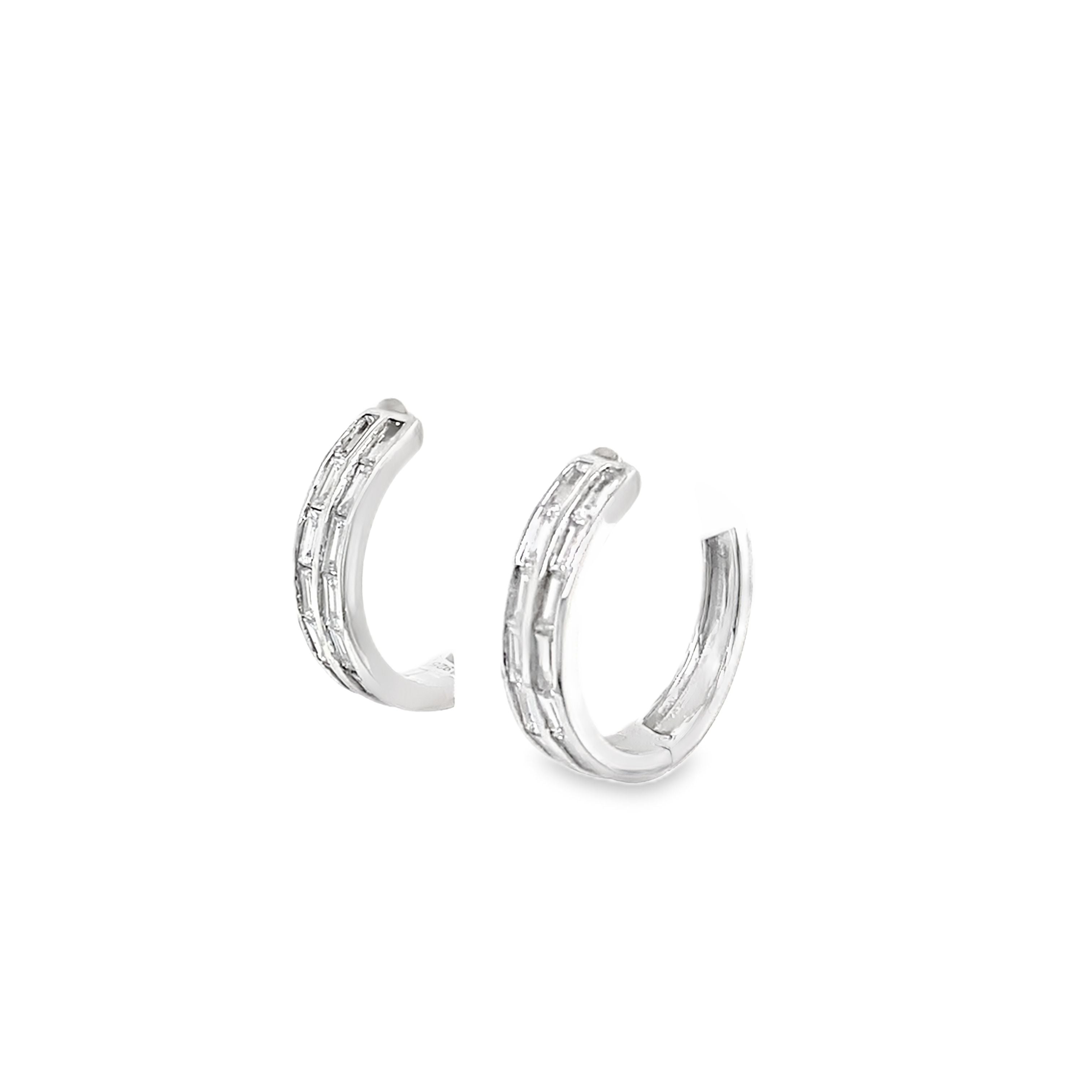 Sterling Silver 1.10CTW. Lab-Grown Diamond Baguette Two-Row Hoop Earrings