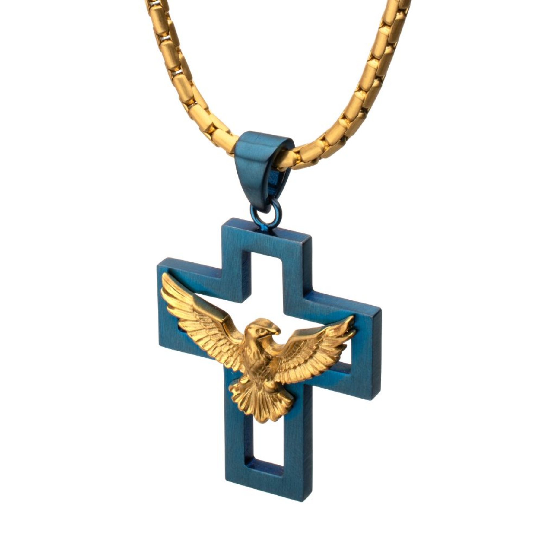Necklace with blue cross pendant featuring a gold eagle on a white background