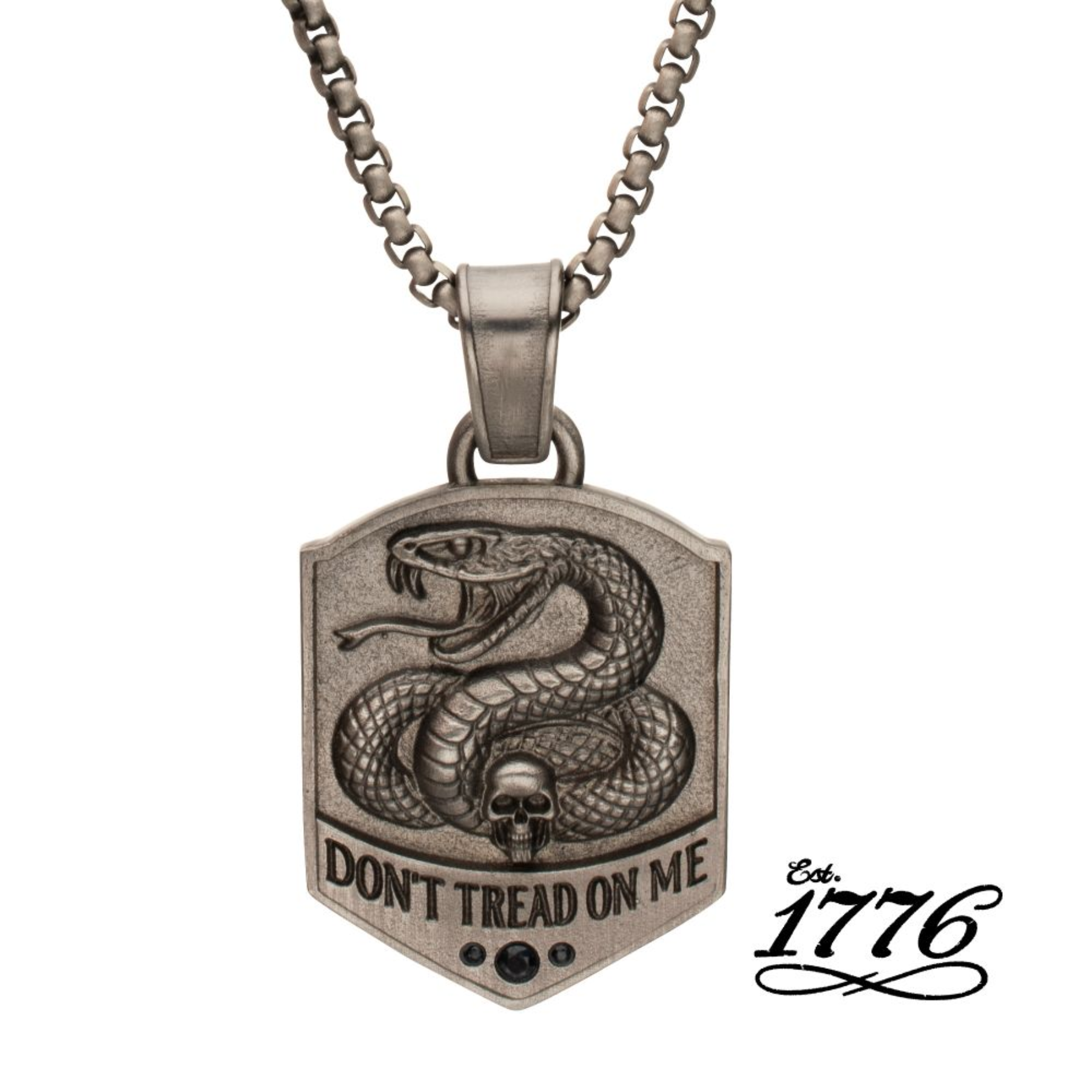 Pendant necklace with snake design and 'Don't Tread on Me' text on a white background