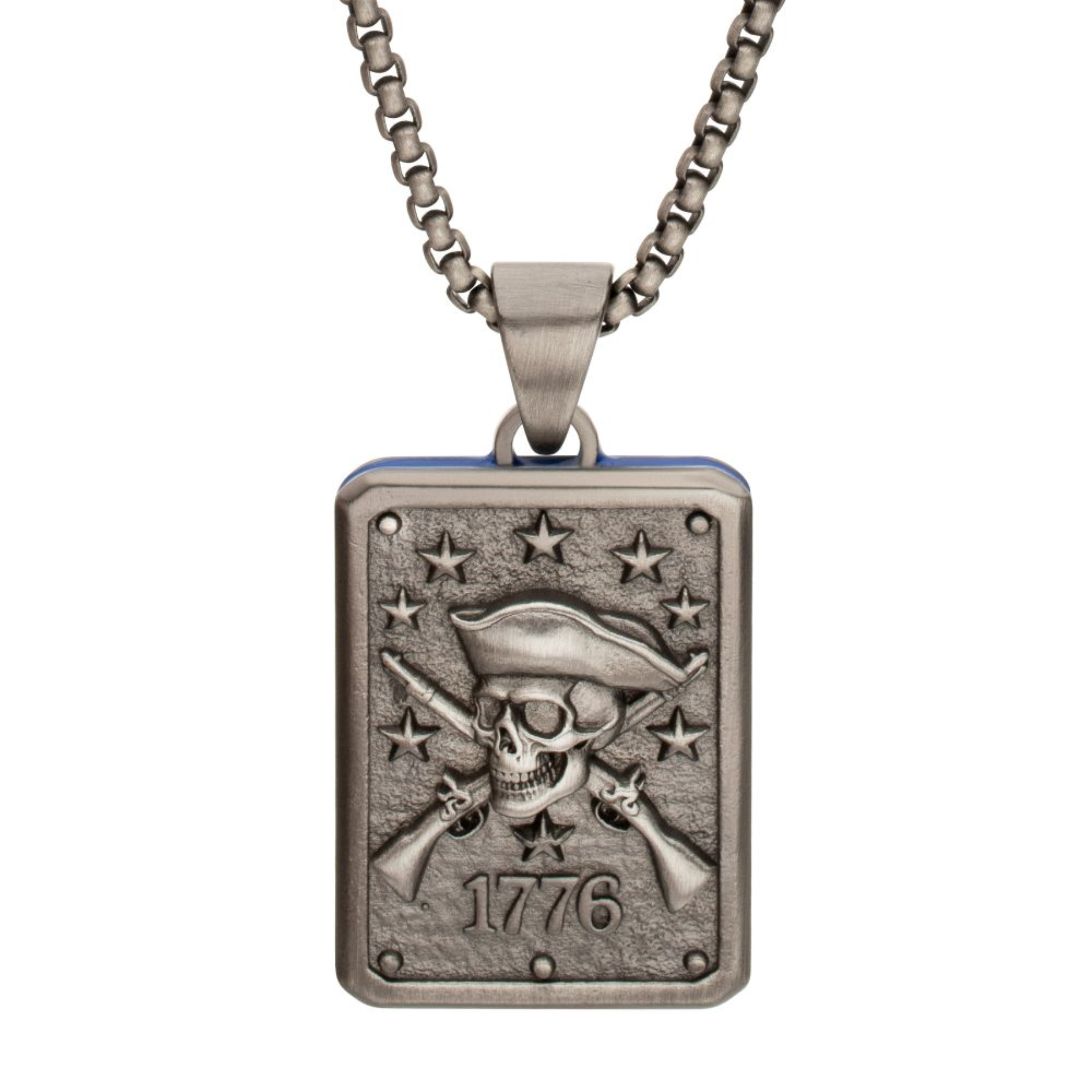 Pirate-themed pendant with '1776' on a chain against a white background
