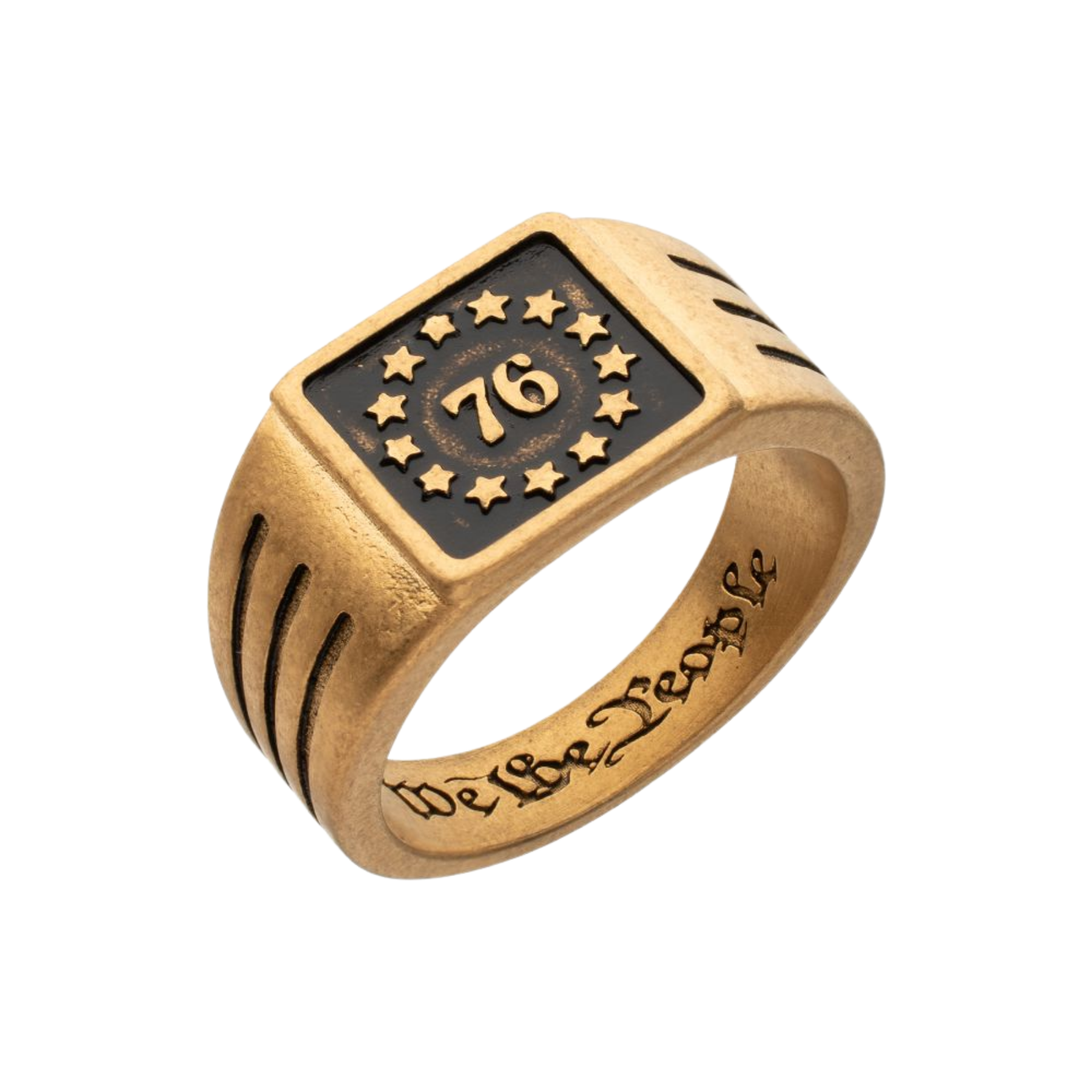 Gold ring with '76' and 'We the People' engraving on a white background