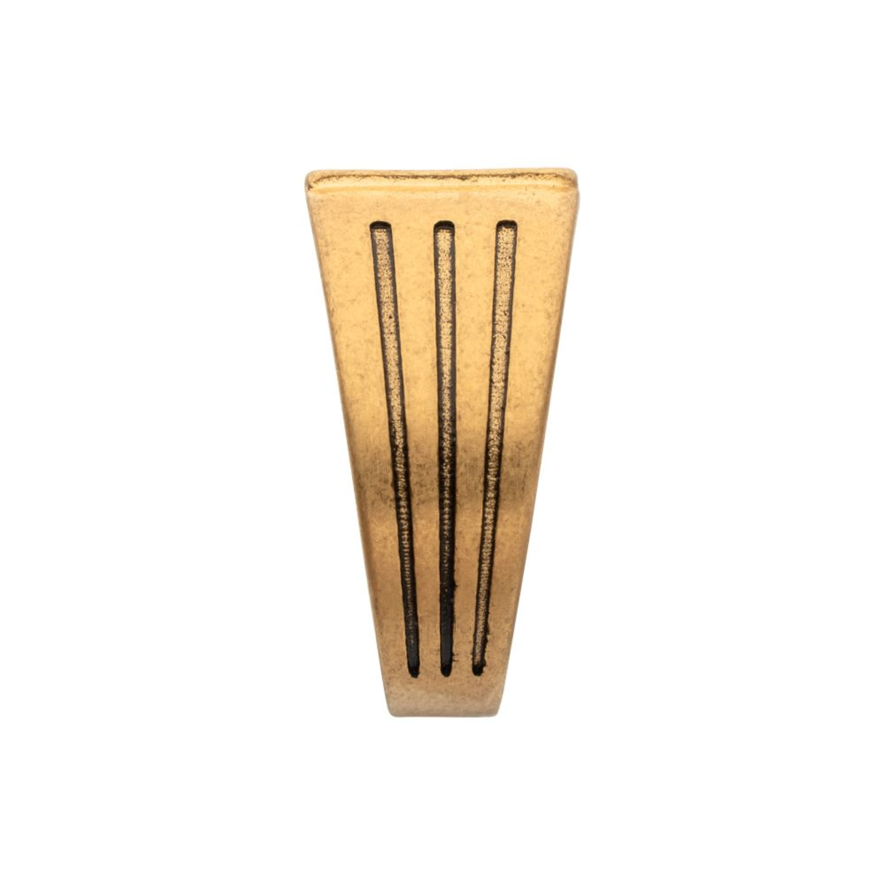 Gold triangular object with vertical grooves on a white background