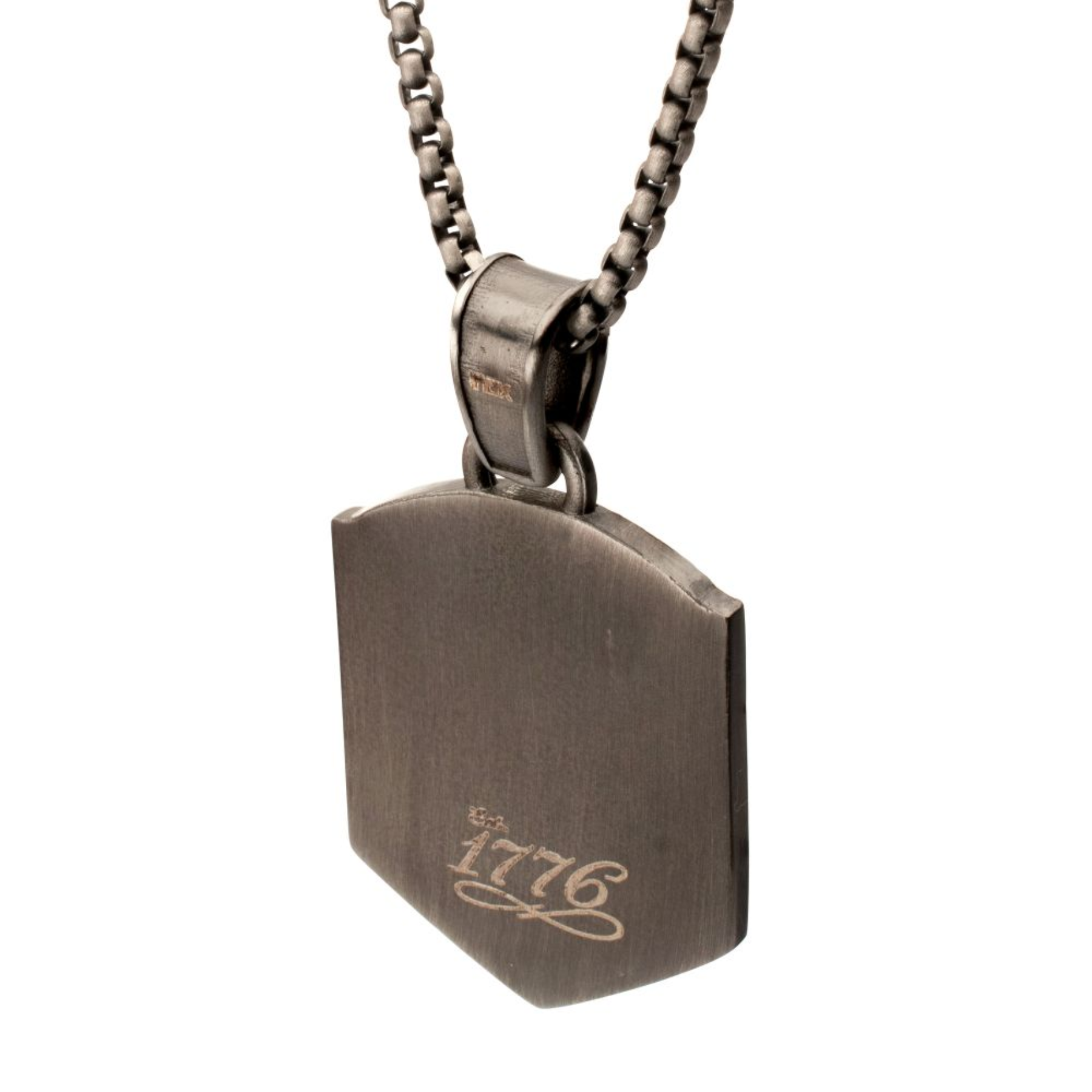 Metallic pendant necklace with '1776' engraving on a white background