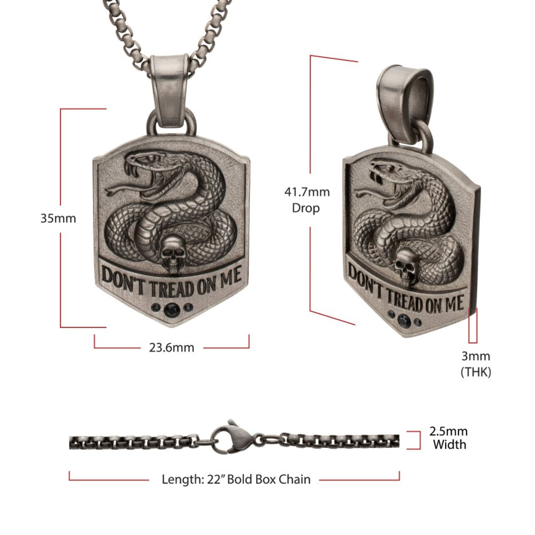Pendant with snake design and 'Don't Tread on Me' text, shown with measurements on a white background.