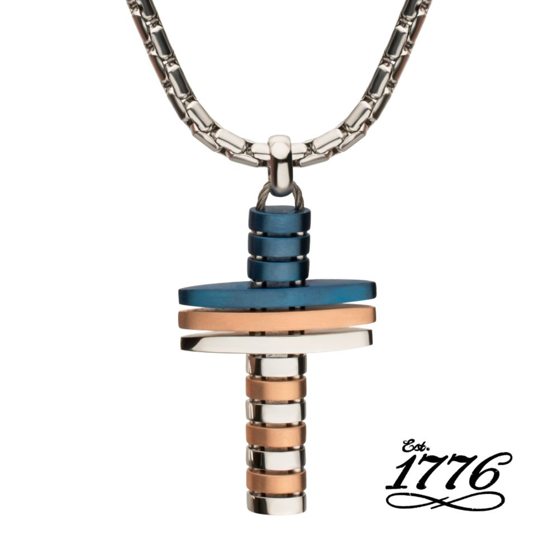 Multicolored pendant necklace on a white background with 'Est. 1776' branding.