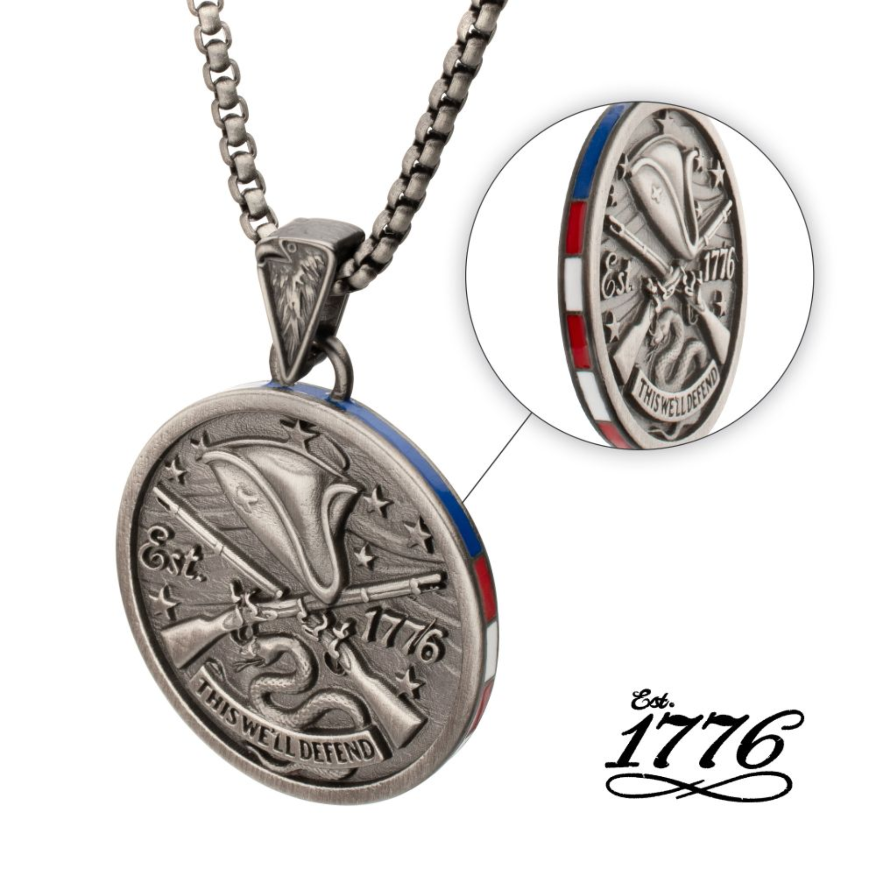 Silver necklace with a detailed pendant featuring 'Est. 1776' on a white background.