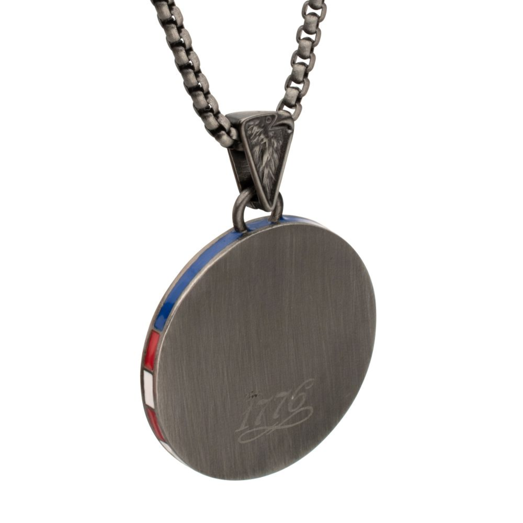 Round metallic pendant with red and blue accents on a white background