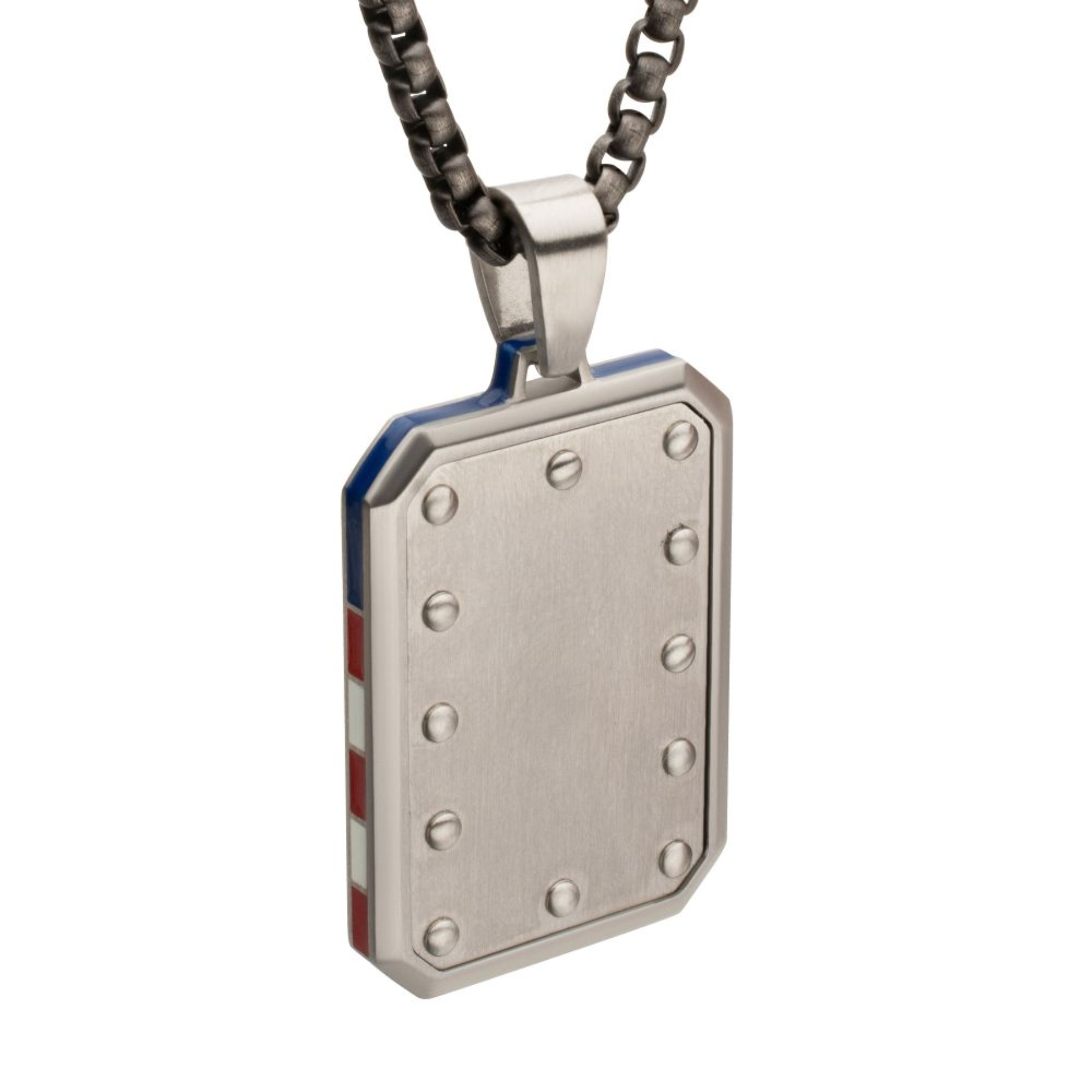 Metallic pendant necklace on a white background