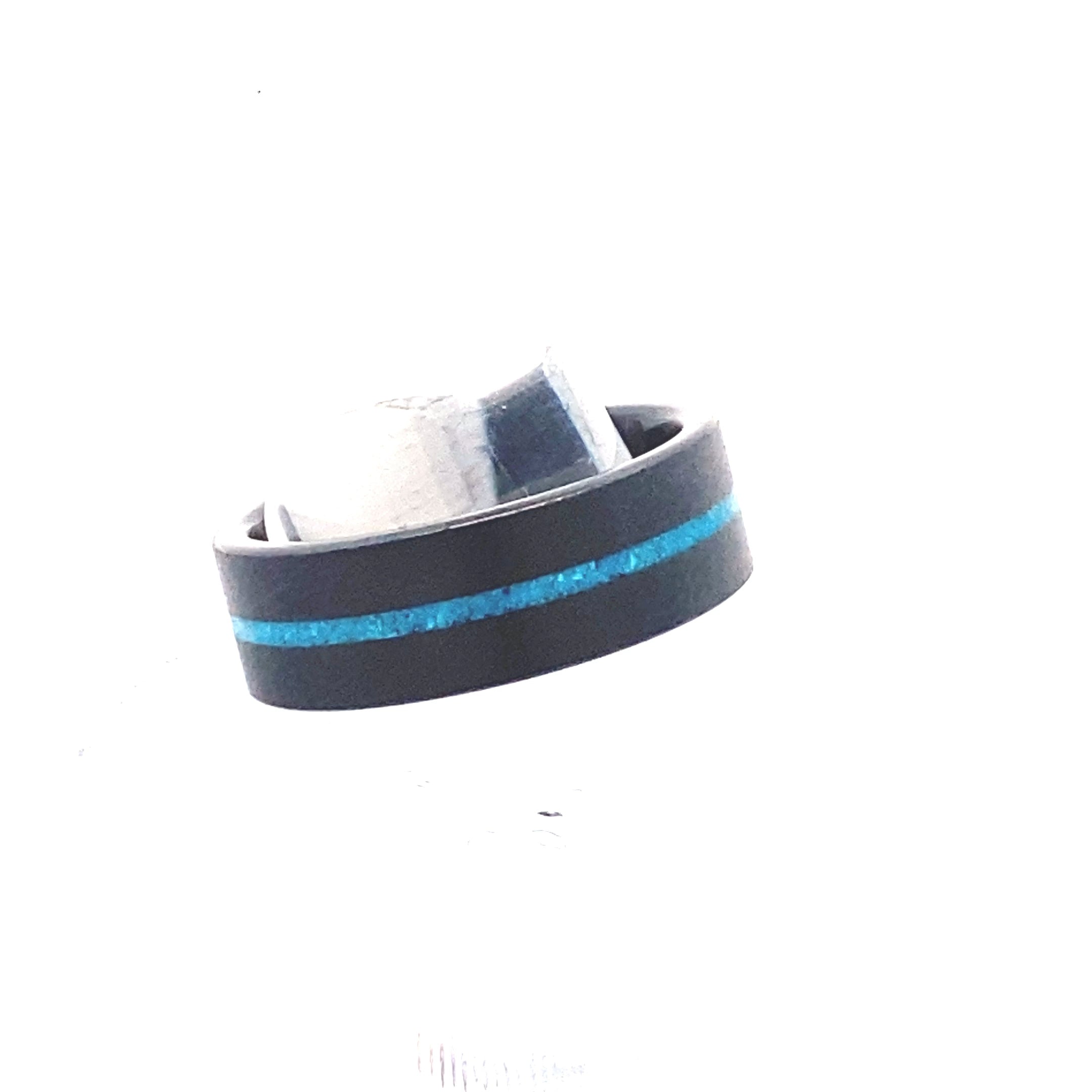 "TURQUOISE GRAIN" 8MM Men's Black Diamond Ceramic Ring with Turquoise Inlay