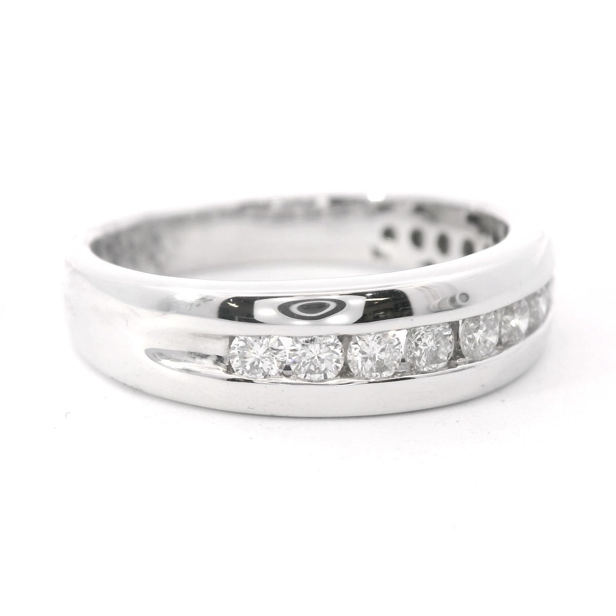 Angled to the right view of 10K White Gold 1/2CT. Men's Diamond Channel-Set Wedding Band laying flat on a white background.