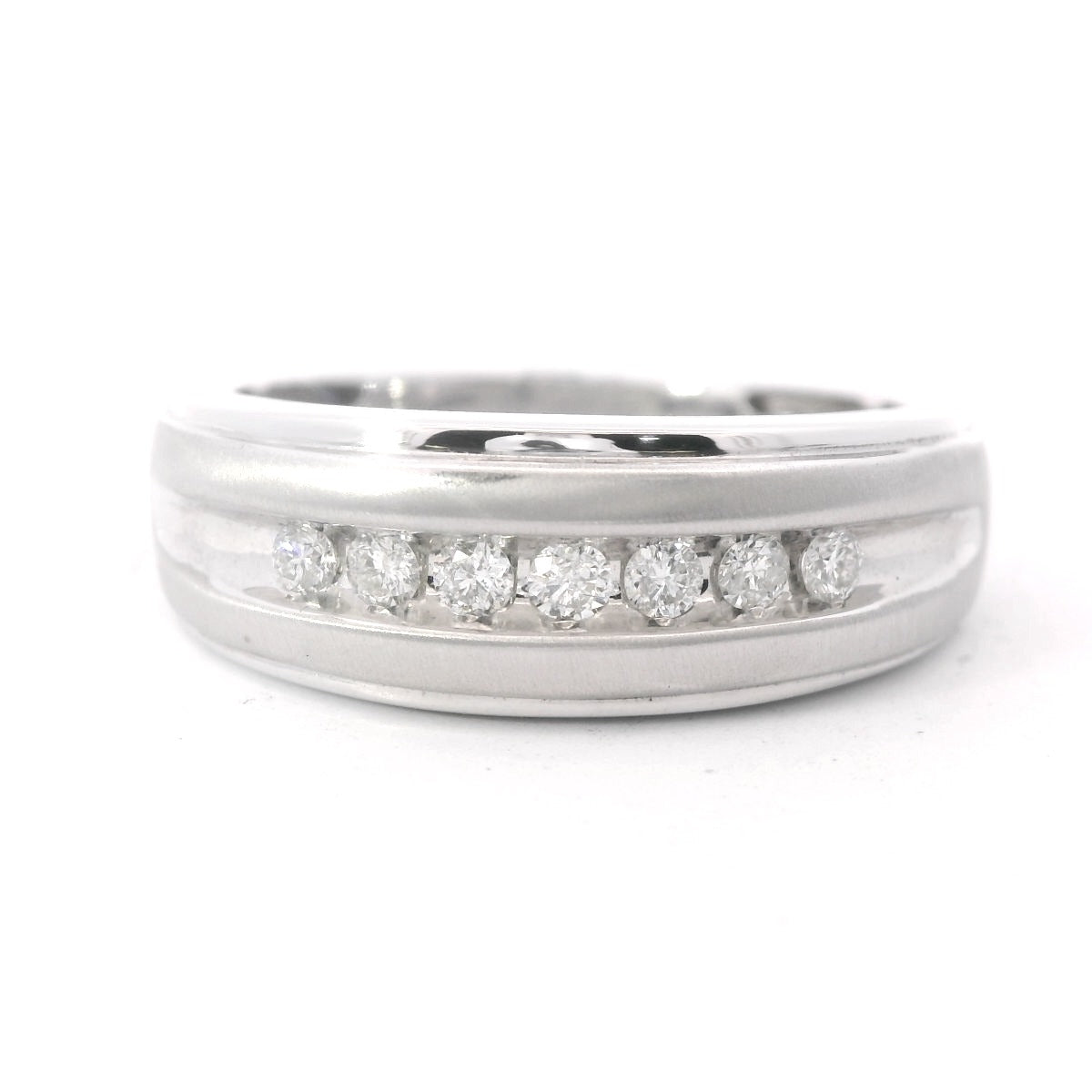Front view of 10K White Gold 0.25CTW. Men's Diamond Stepped-Edge Channel-Set Wedding Band on white background.