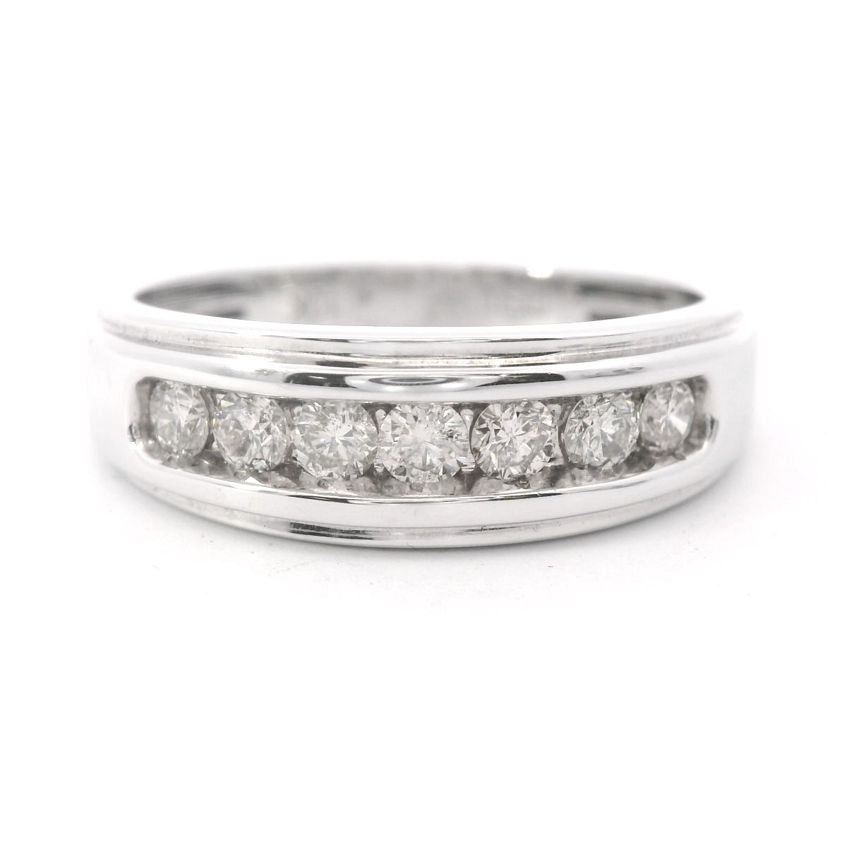 Front view of 10K White Gold 0.5CT. Men's Diamond Stepped-Edge Channel-Set Wedding Band on white background.