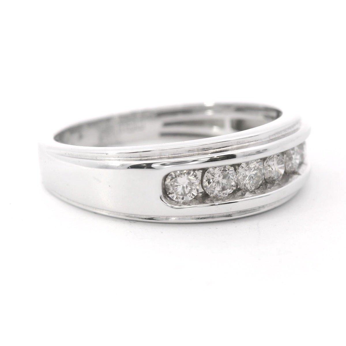 Angled to the right view of 10K White Gold 0.5CT. Men's Diamond Stepped-Edge Channel-Set Wedding Band on white background.