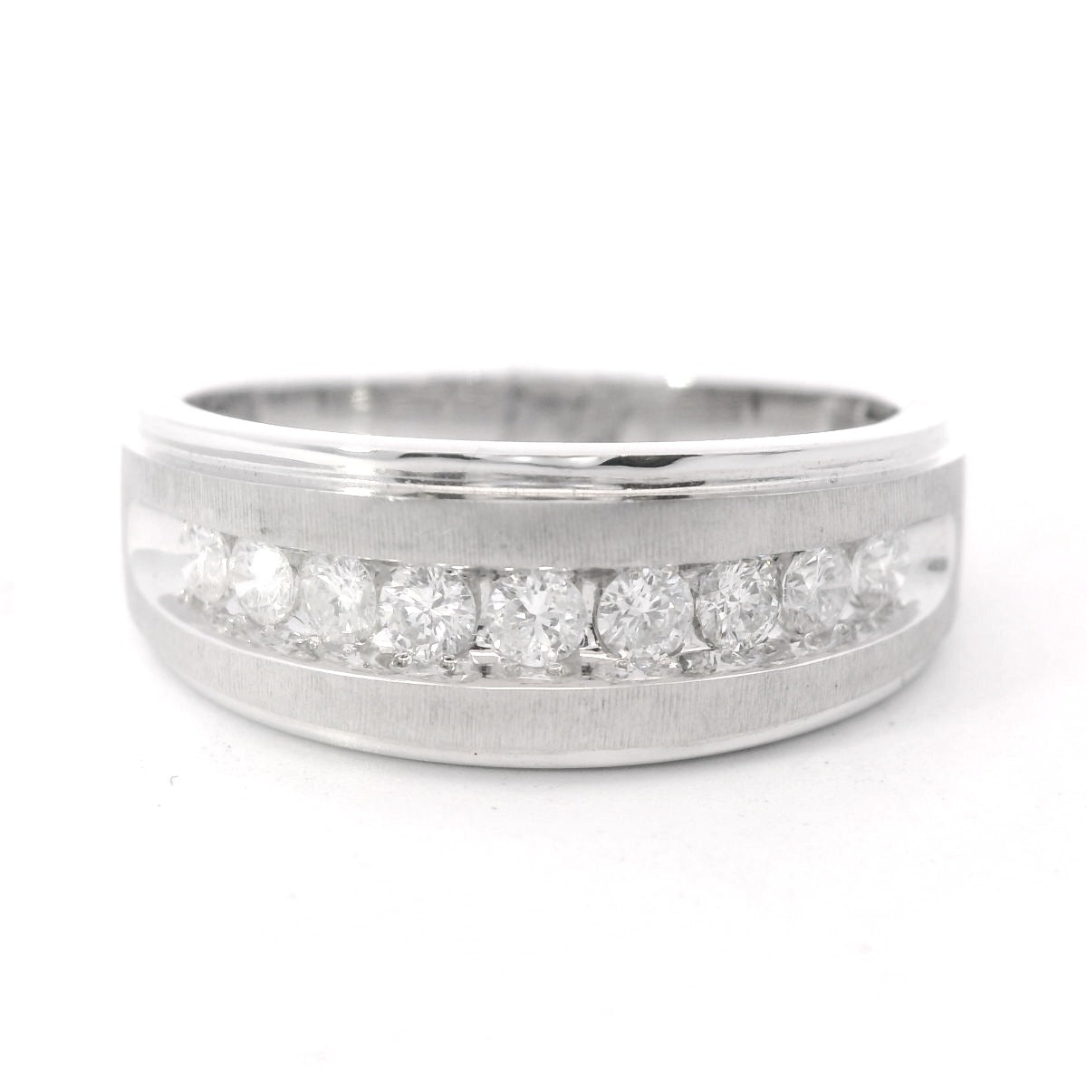Front view of 10K White Gold 1/2CT. Diamond Brushed & Polished 9-Stone Men's Wedding Band laying flat on a white background.