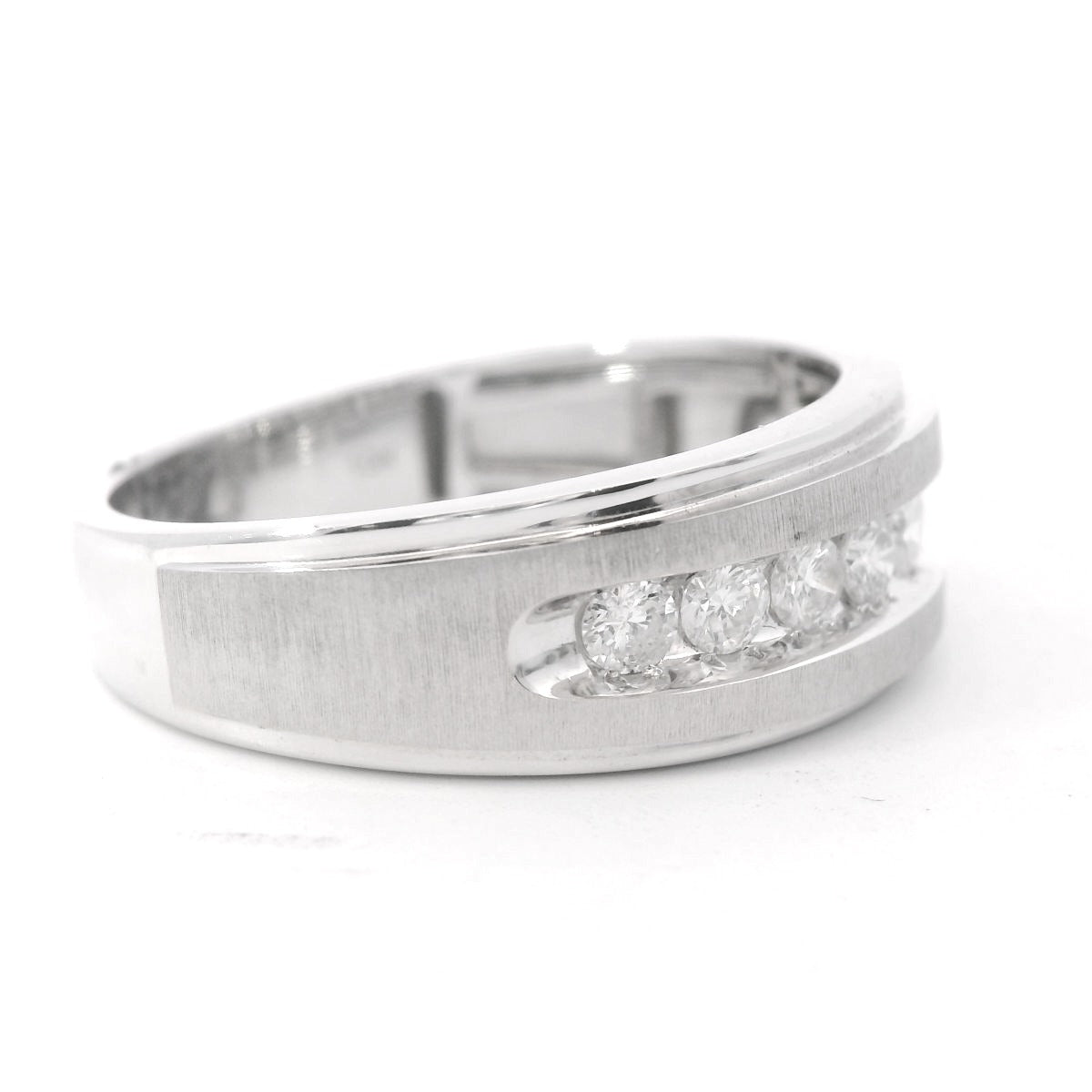 Angled to the right view of 10K White Gold 1/2CT. Diamond Brushed & Polished 9-Stone Men's Wedding Band laying flat on a white background.