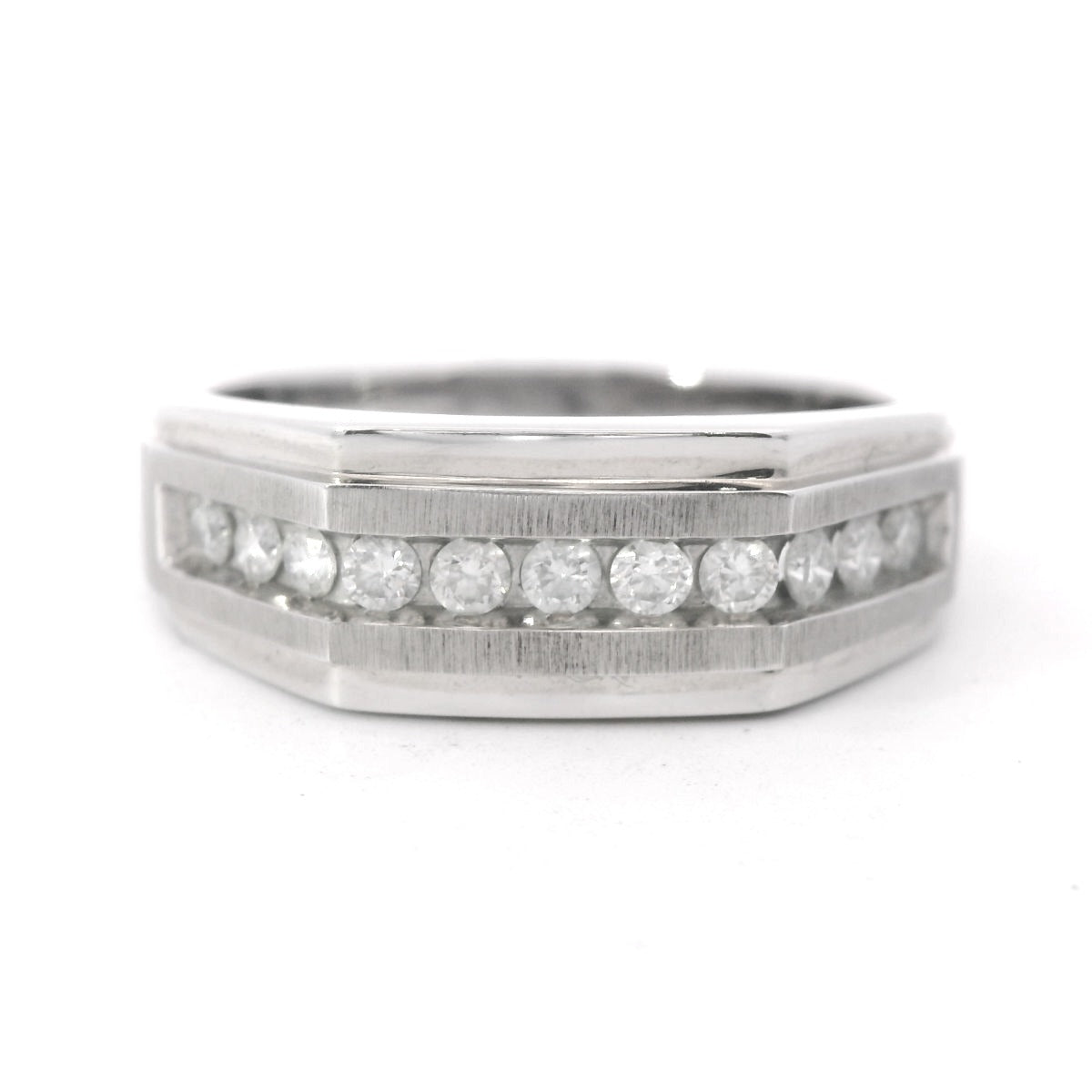 Front view of 10K White Gold 1/3CT. Diamond Men's Geometric Channel-Set Wedding Band laying flat on a white background.