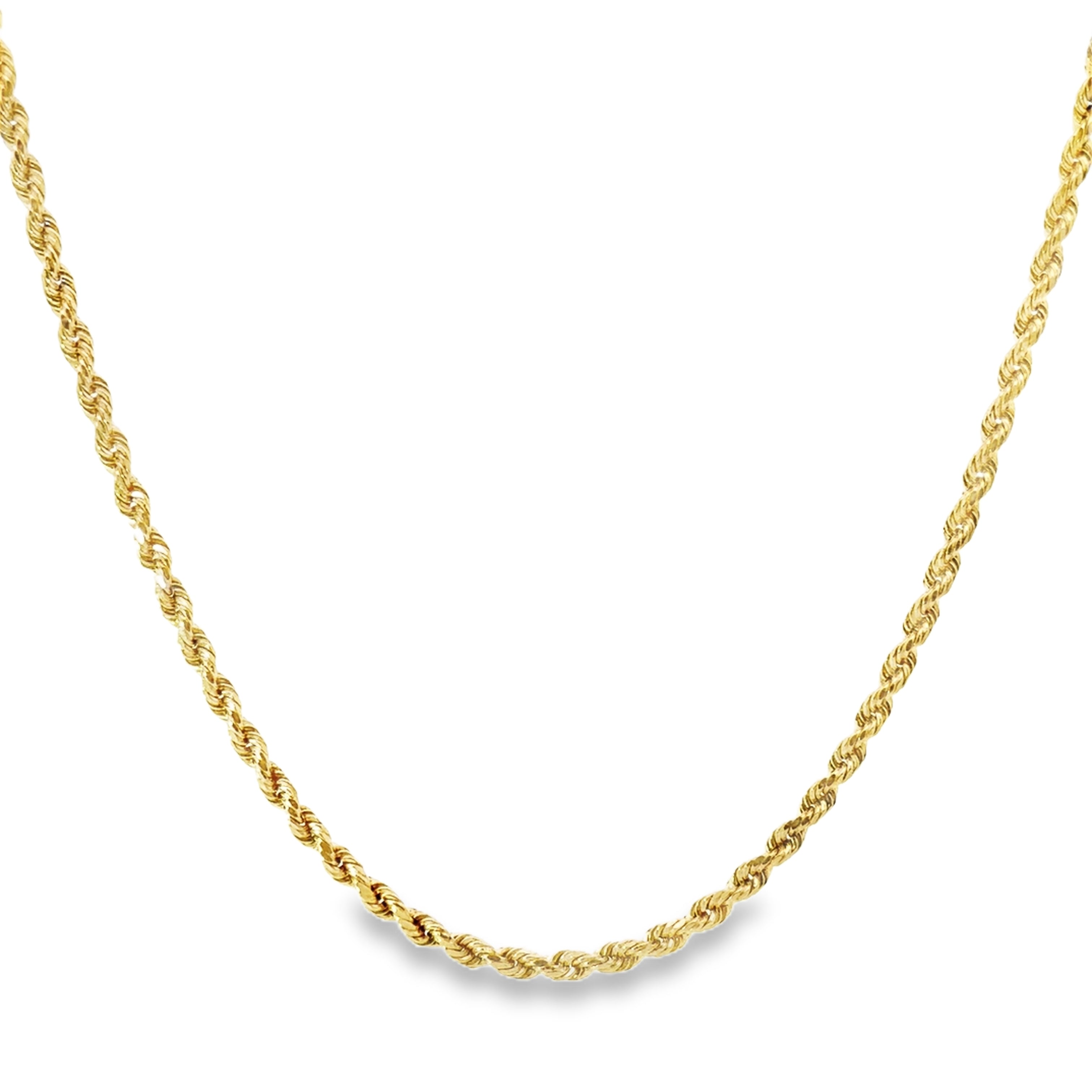 10K Yellow Gold Men's Semi-Solid 22" Rope Chain hanging in front of a white background.
