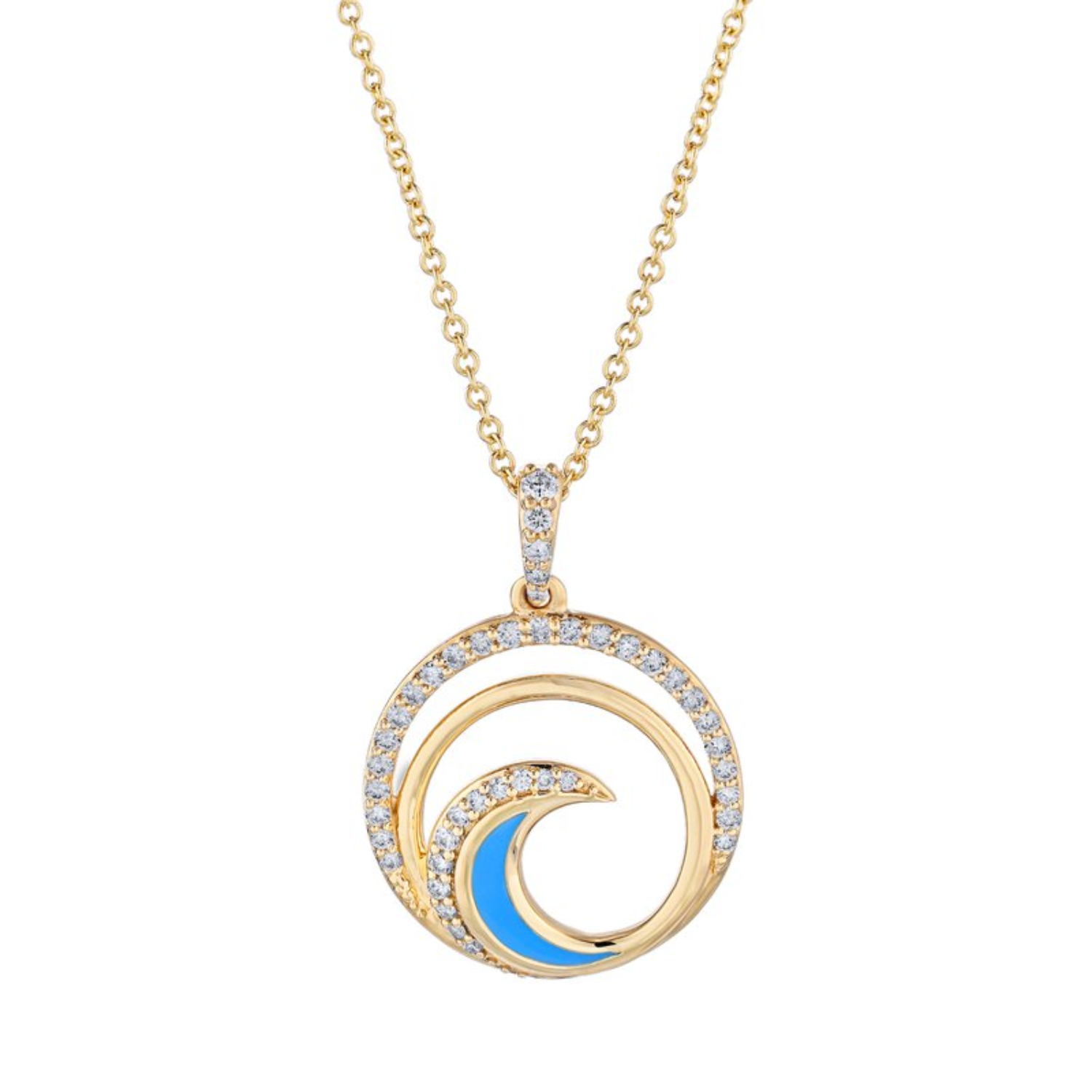 Gold necklace with a circular pendant featuring a blue accent on a white background