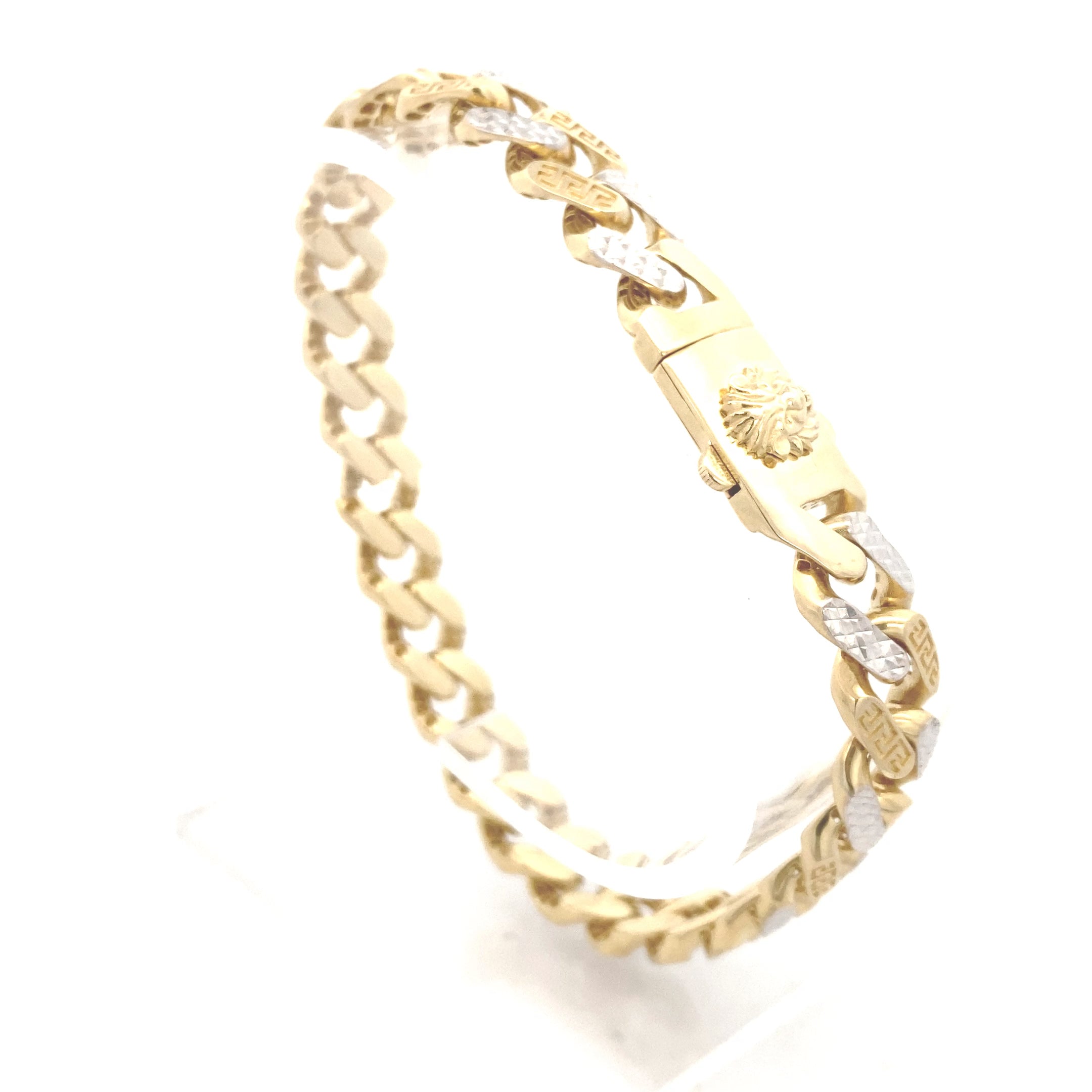 10K Two-Tone Gold Hollow 11MM Fancy Curb-Link  8.5" Men's Bracelet with Lion's Head Clasp