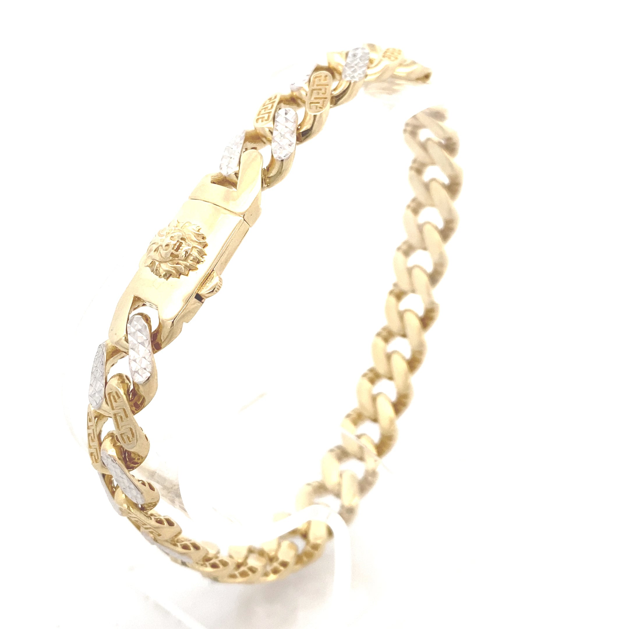 10K Two-Tone Gold Hollow 11MM Fancy Curb-Link  8.5" Men's Bracelet with Lion's Head Clasp