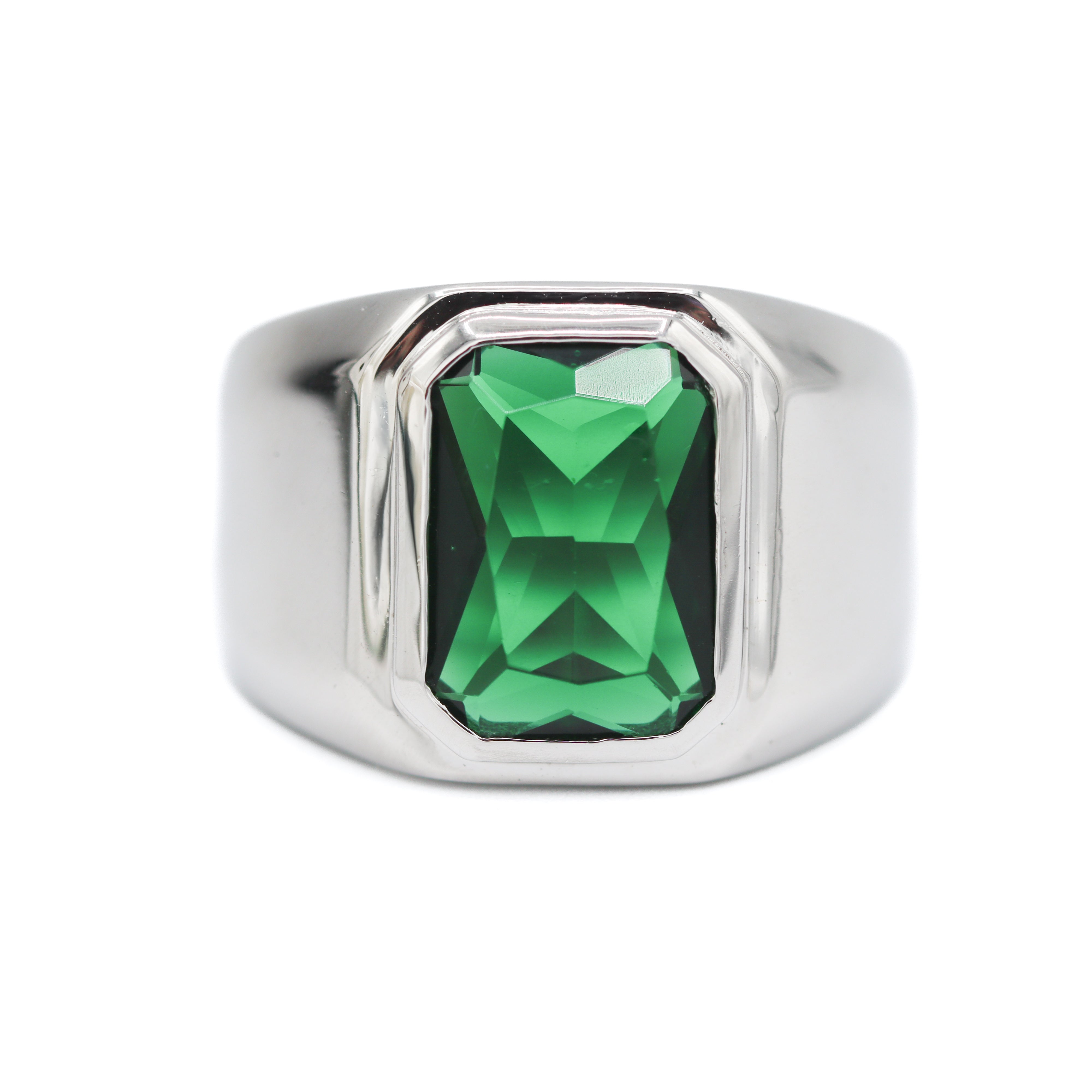 Front View of Sterling Silver Emerald-Cut Created Emerald Bezel-Set Signet Ring