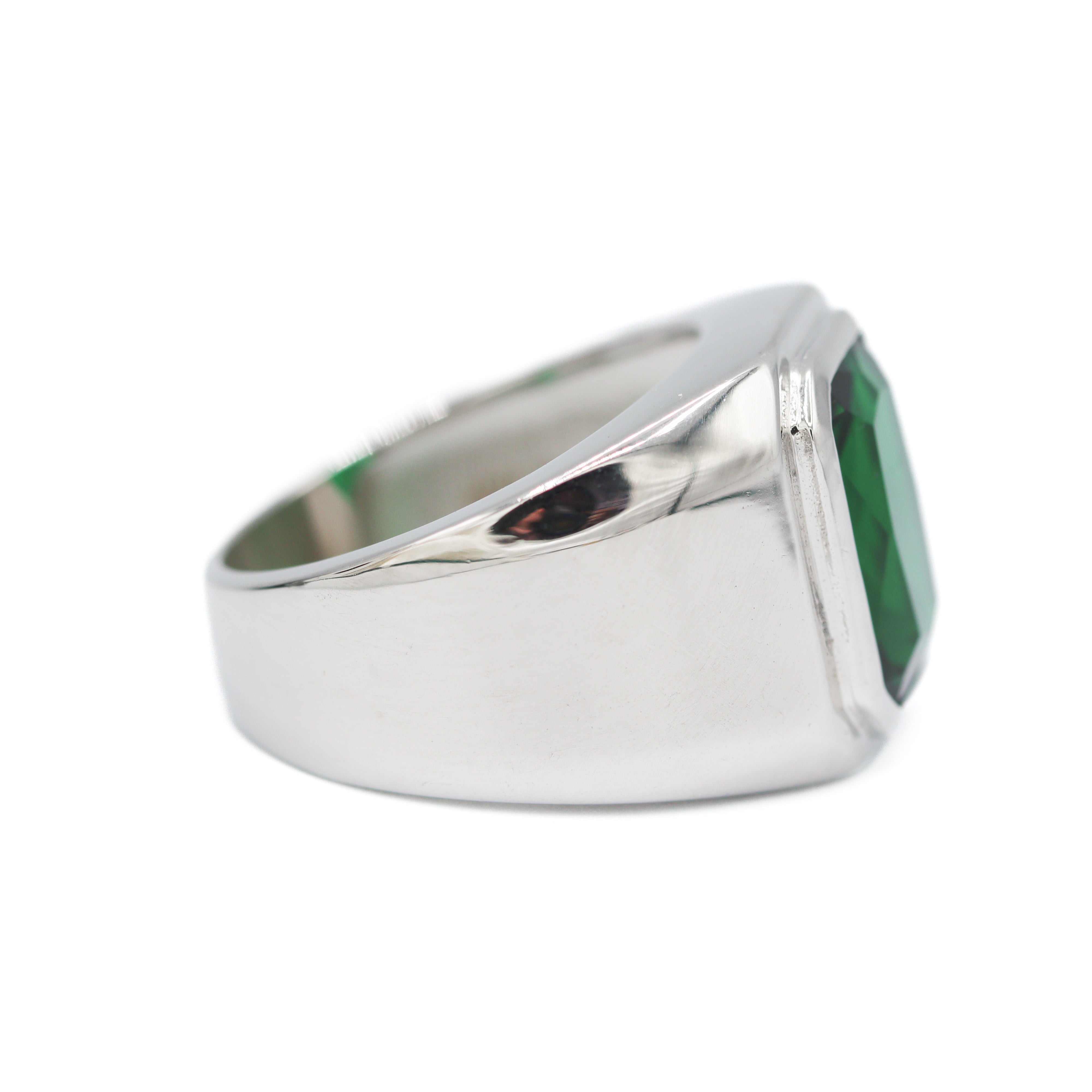 Side View of Sterling Silver Emerald-Cut Created Emerald Bezel-Set Signet Ring