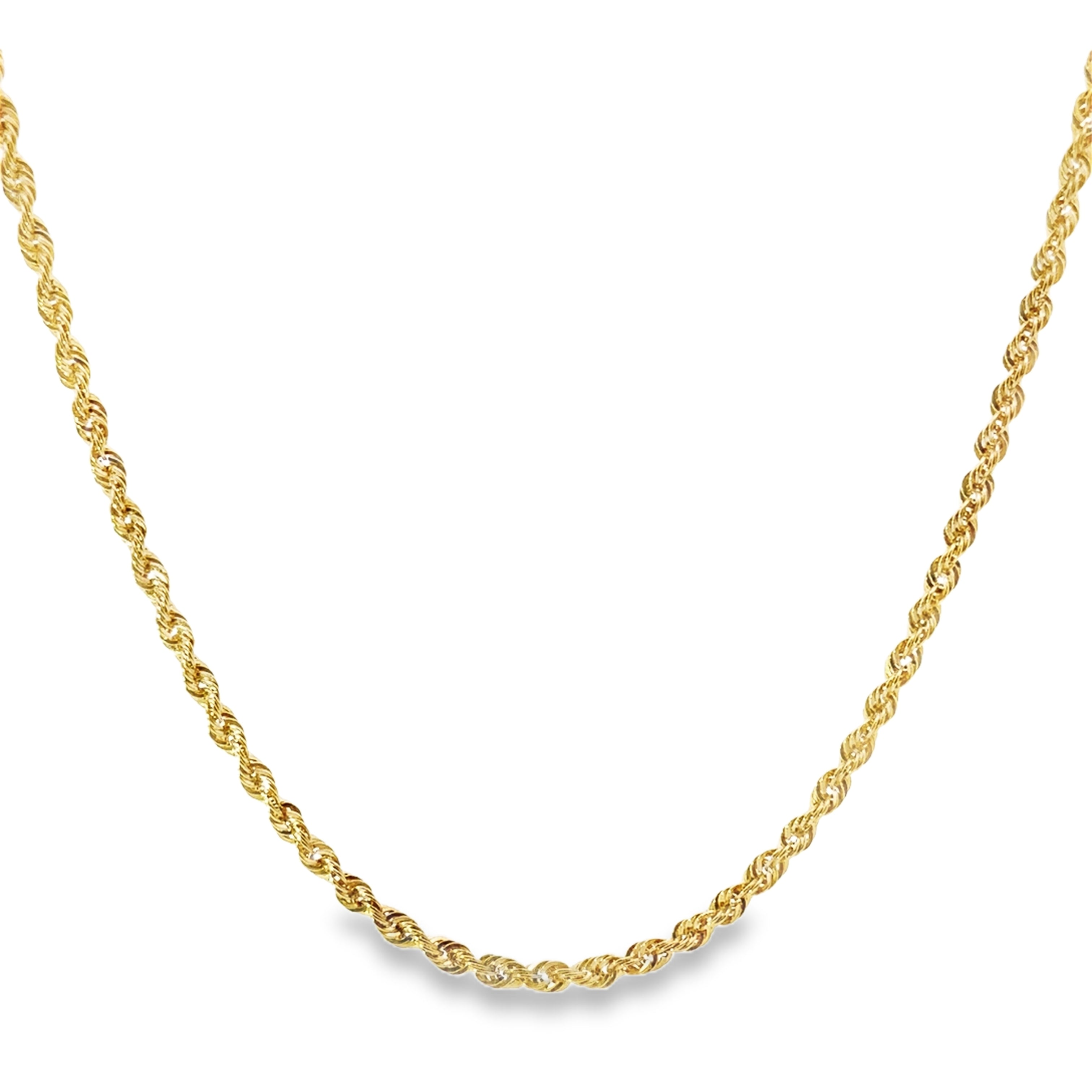 10K Yellow Gold 4MM Hollow Rope 22" Chain hanging in front of a white background.