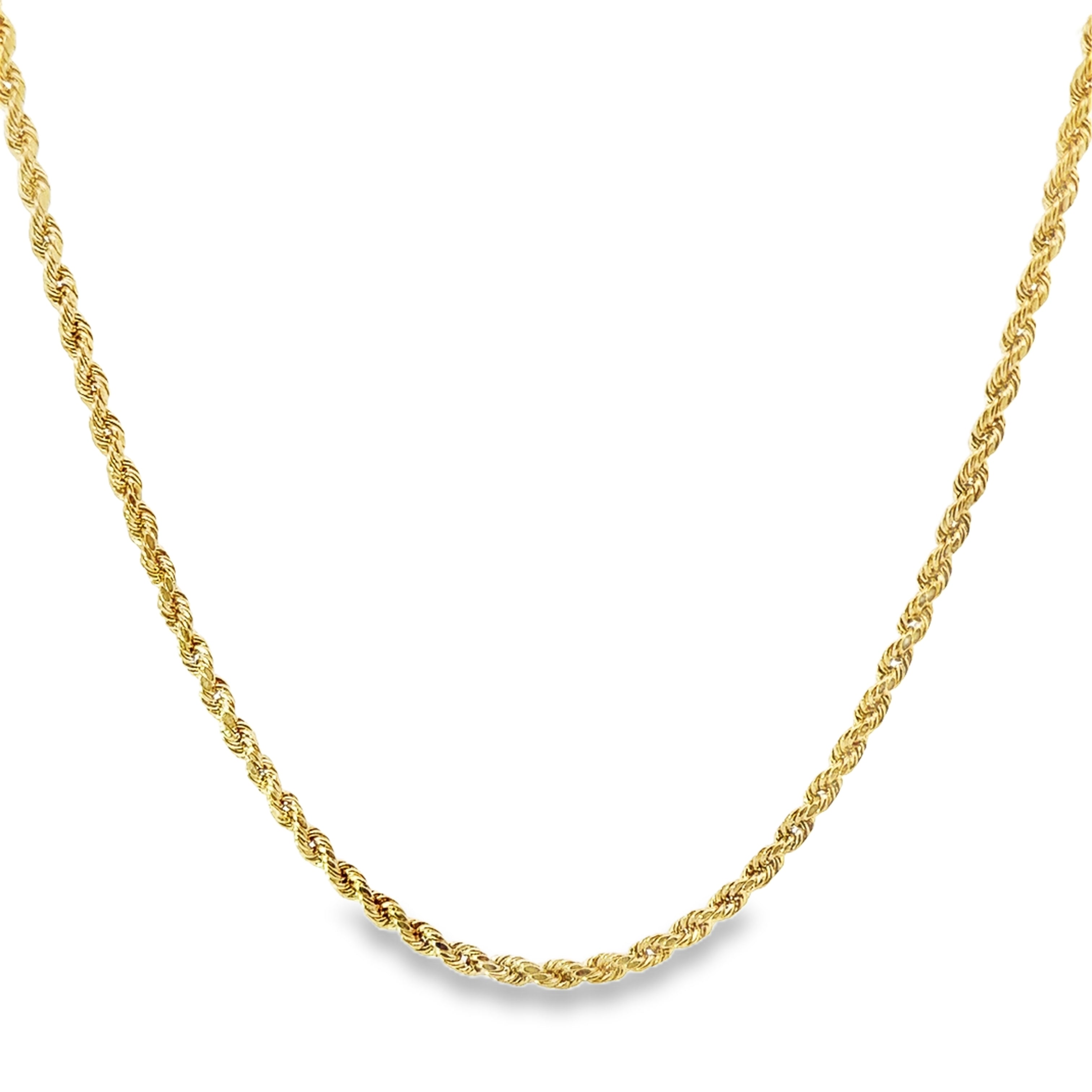 10K Yellow Gold 22" 4MM Hollow Diamond-Cut Rope Chain hanging in front of a white background.