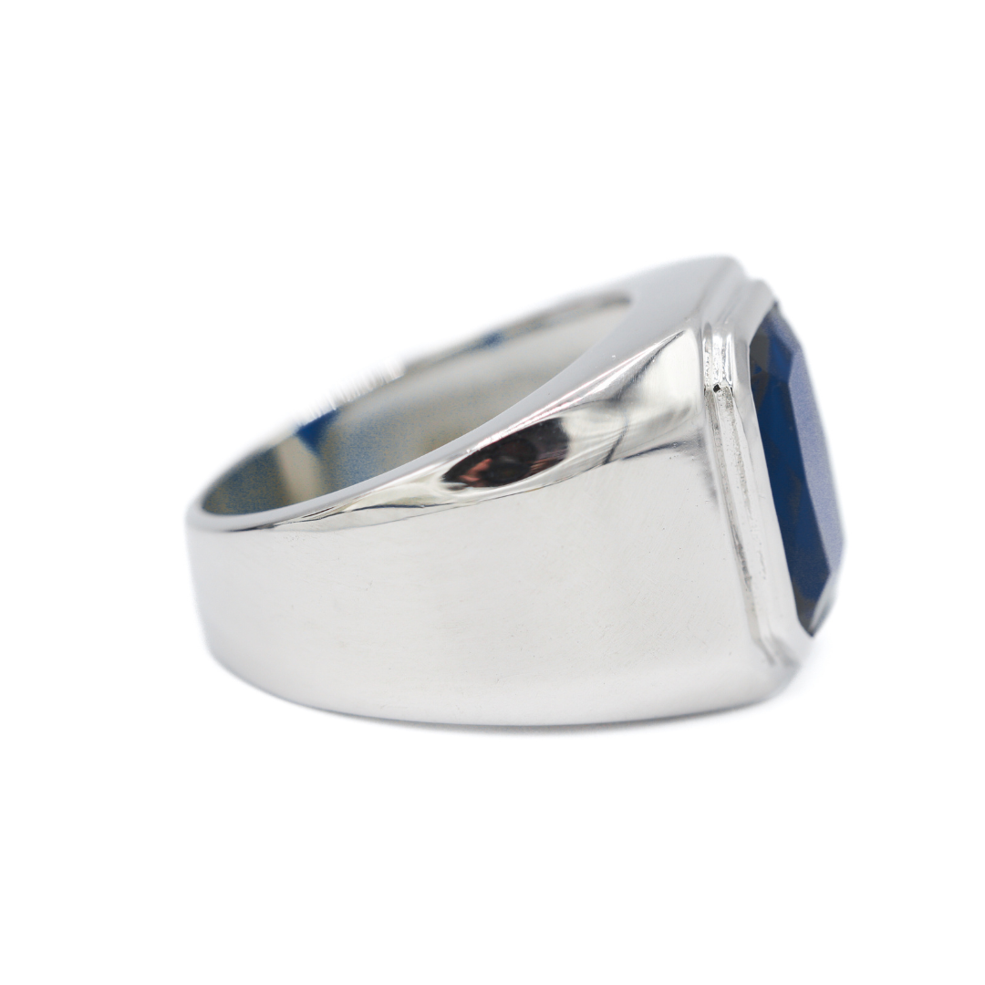 Side View of Sterling Silver Emerald-Cut Created Sapphire Bezel-Set Signet Ring