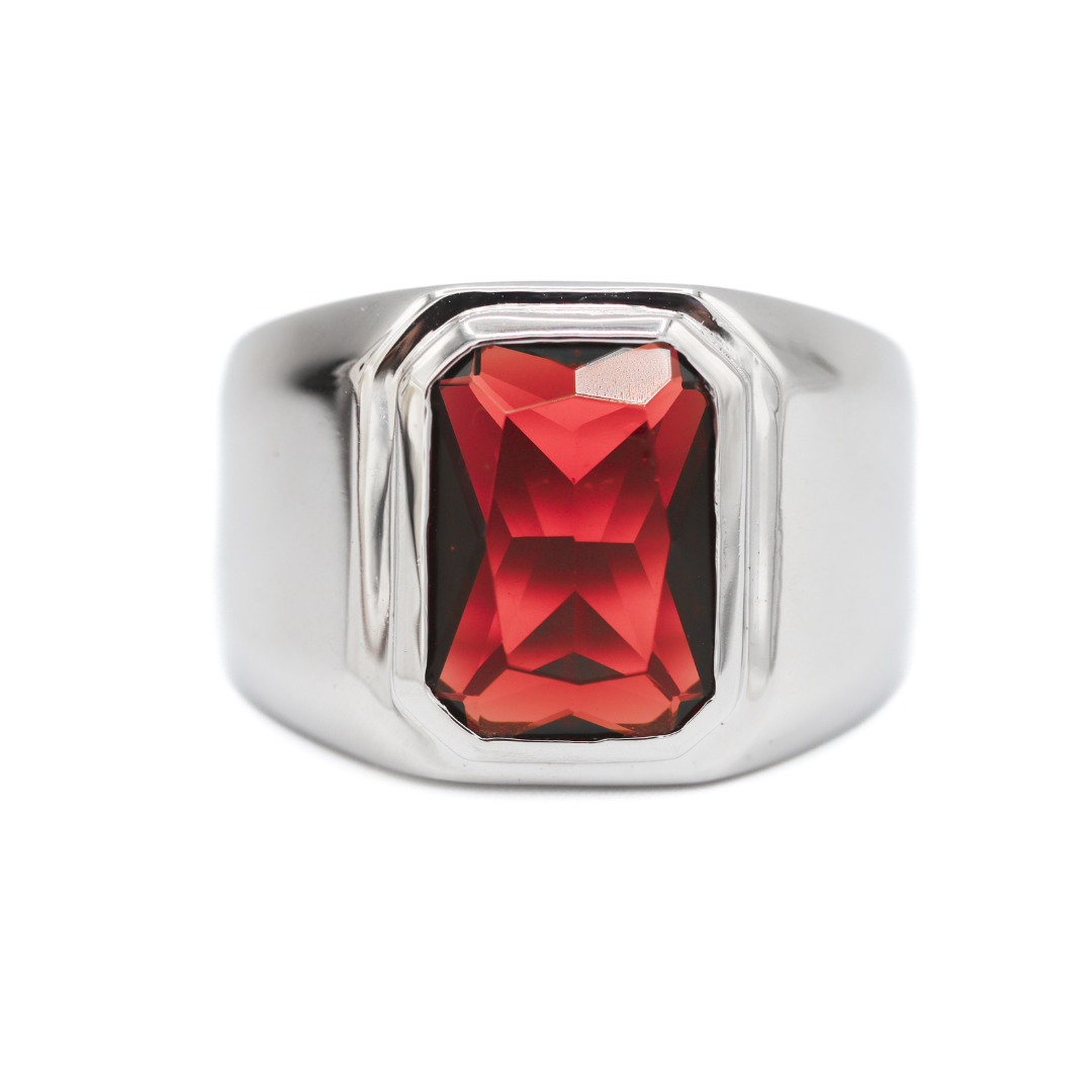 Front View of Sterling Silver Emerald-Cut Created Ruby Bezel-Set Signet Ring