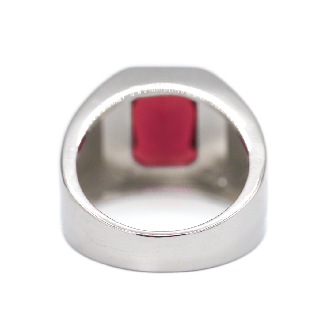 Back View of Sterling Silver Emerald-Cut Created Ruby Bezel-Set Signet Ring