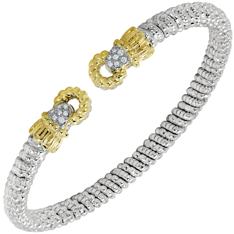 VAHAN Sterling Silver & 14K Yellow Gold 0.11CTW. Diamond 4MM Stackable Cuff Bracelet With Circular Motifs