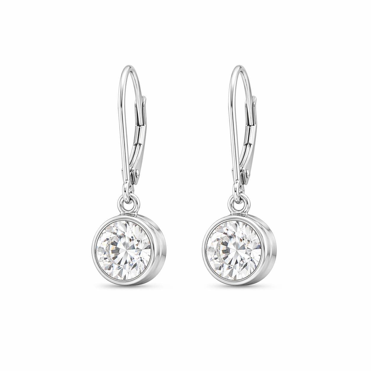 Pair of silver earrings with round gemstones on a white background