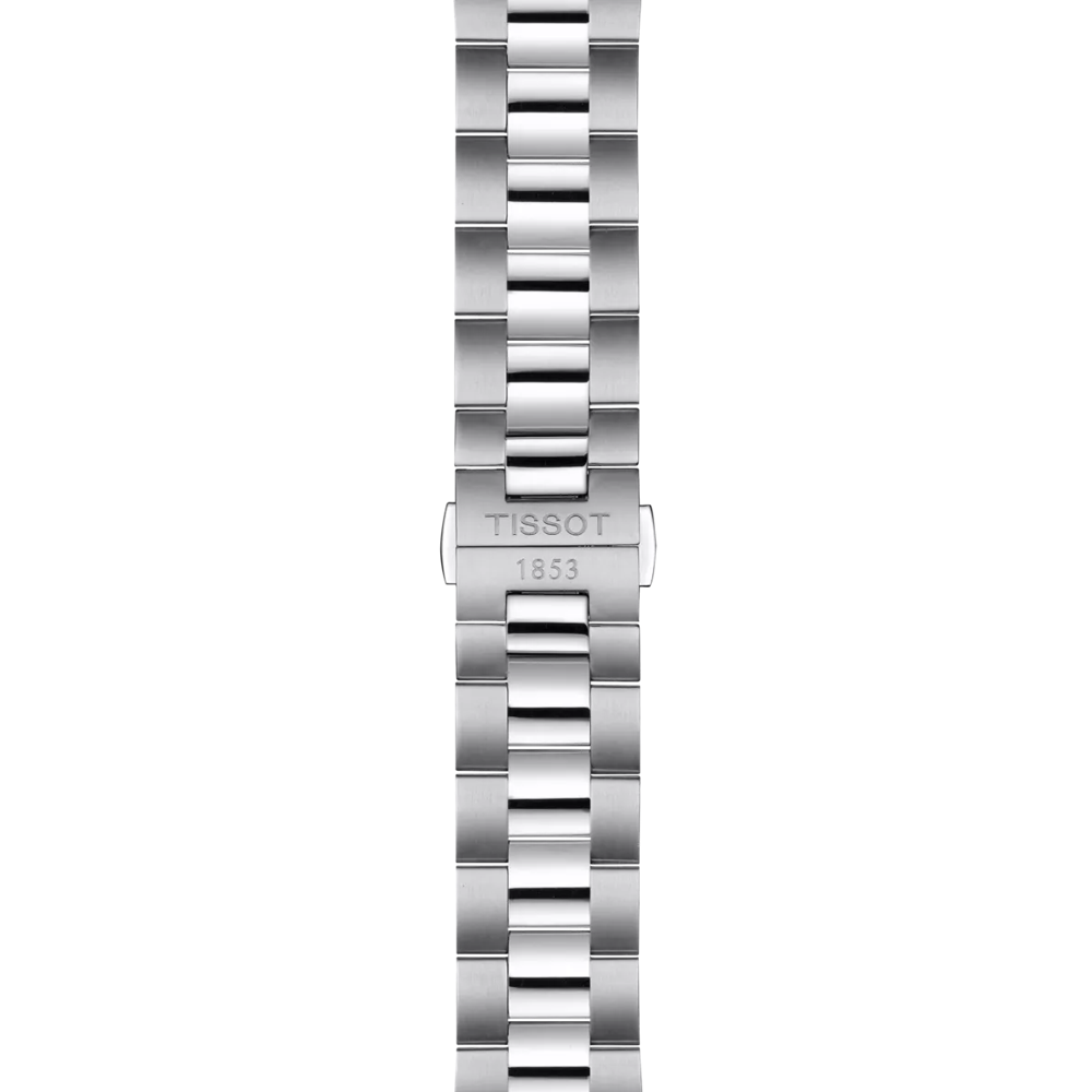 Silver watch strap with Tissot logo on a white background