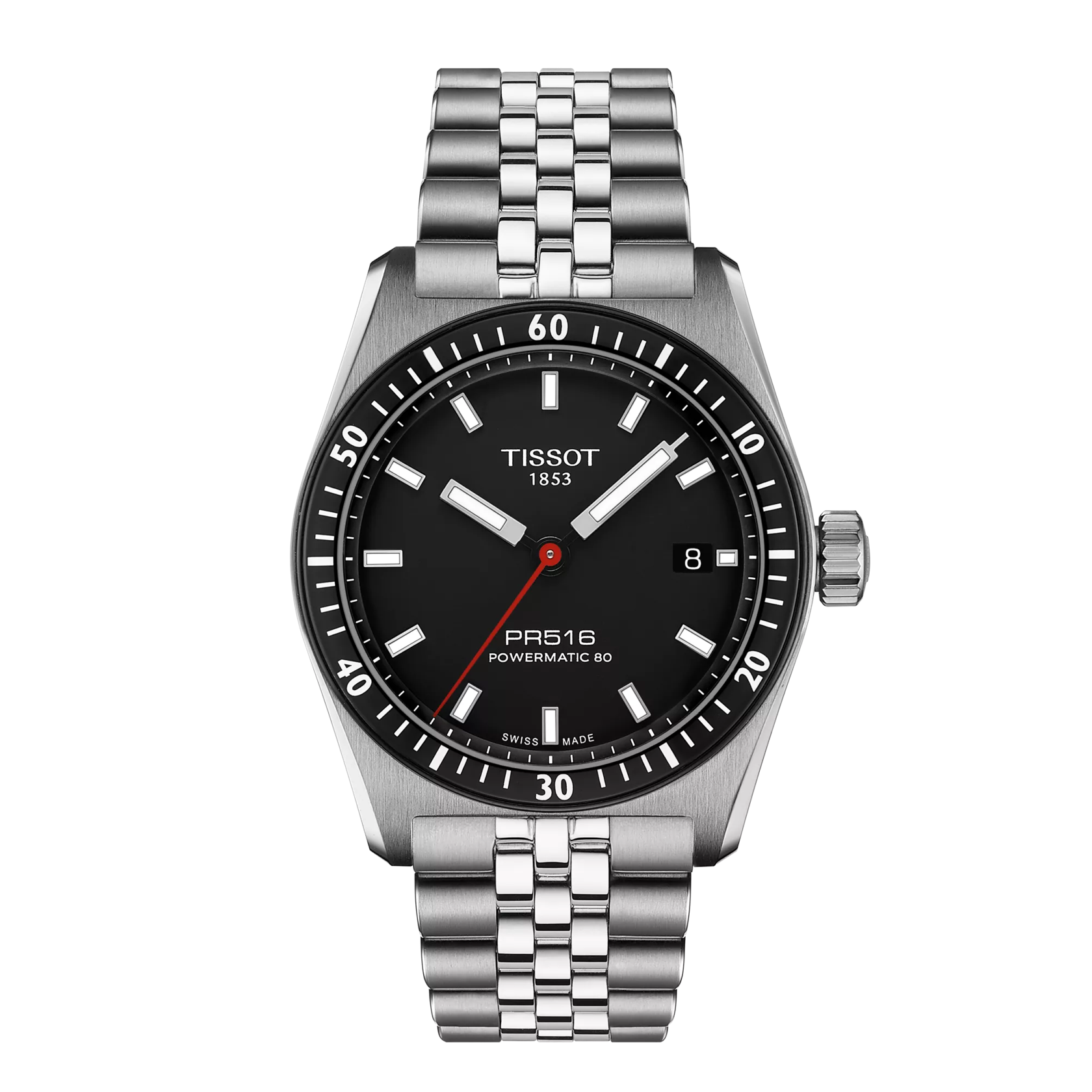 Silver Tissot watch with black dial on a white background