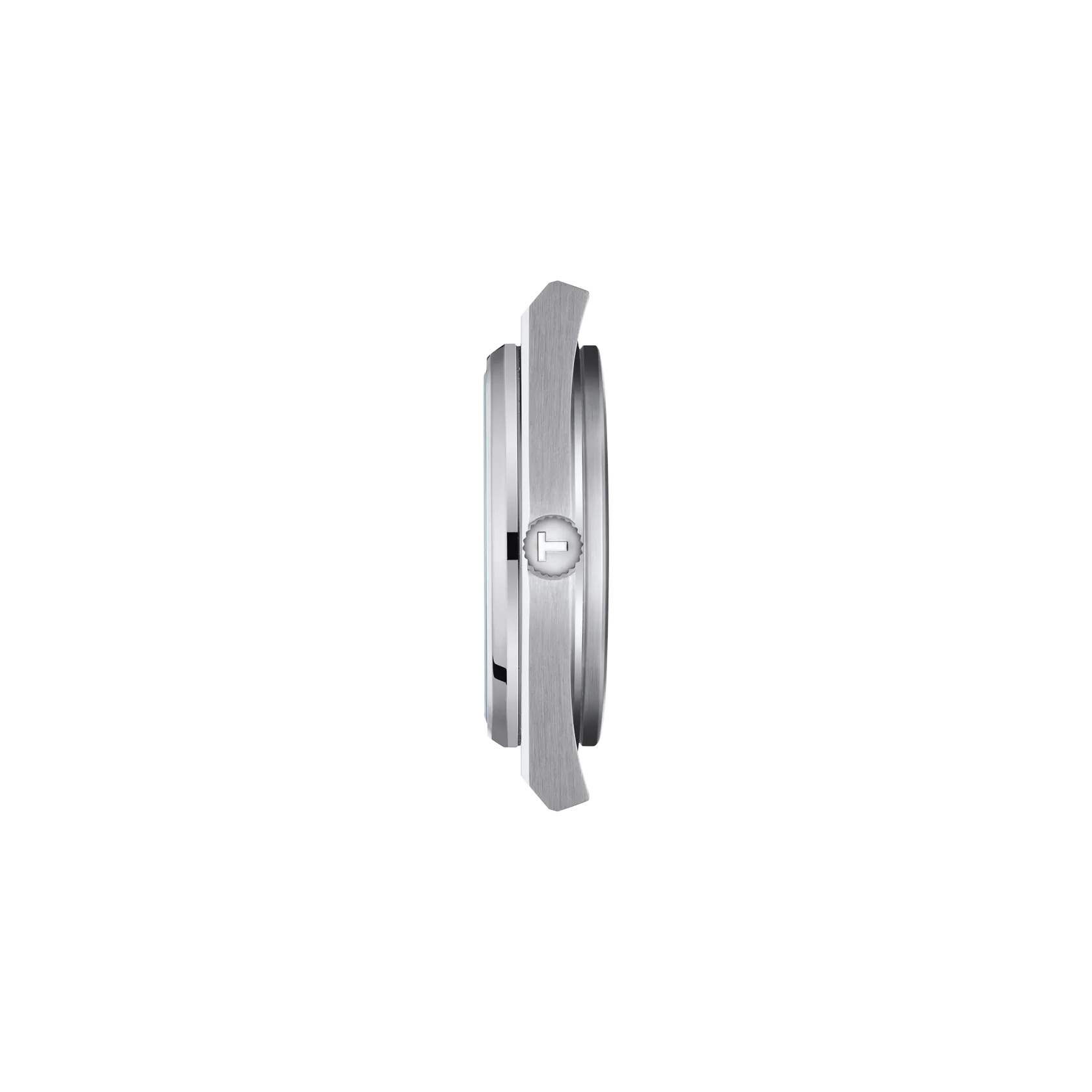 Close-up of a silver watch case on a white background