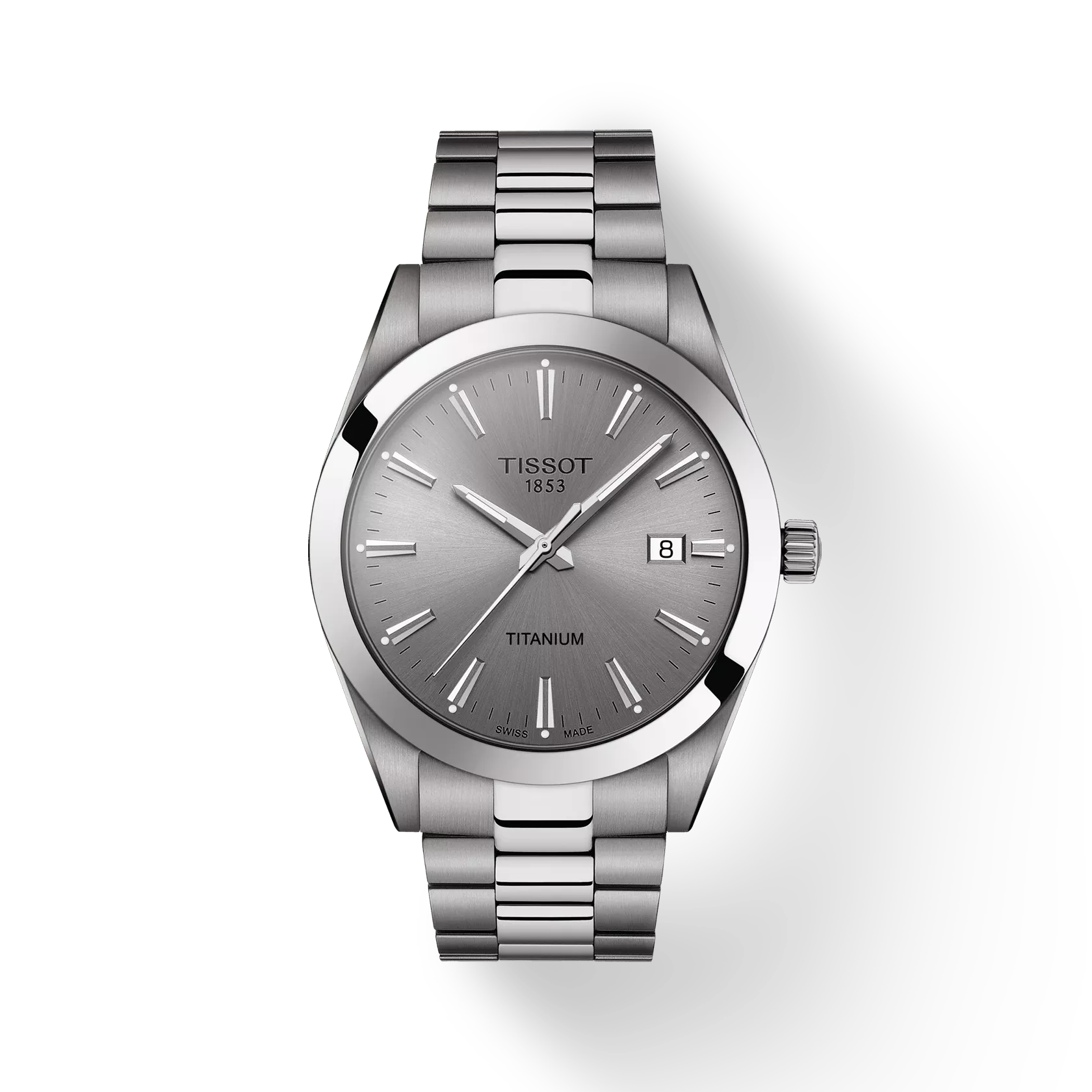 Silver Tissot watch with a gray dial on a white background