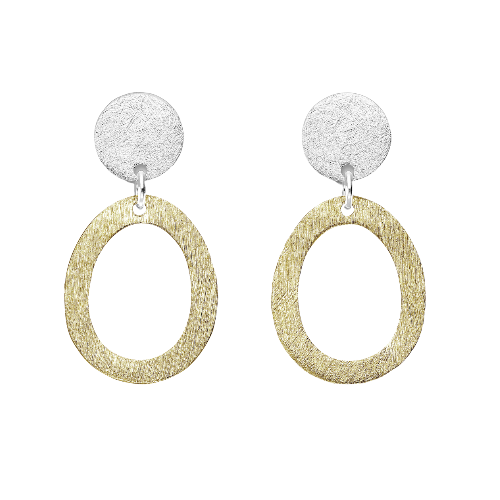 Picture of sterling silver stud earrings with a gold plated open-oval that dangles.