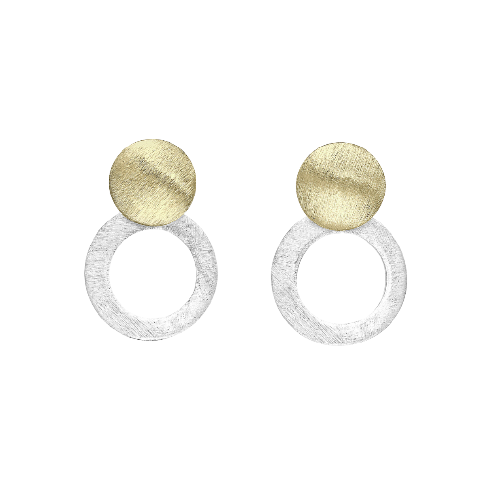 Picture of gold plated stud earrings with silver open circled that dangle.