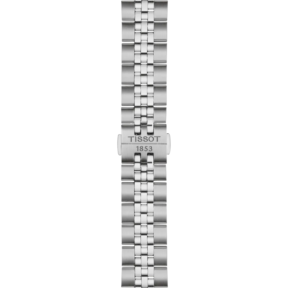 Silver watch strap with Tissot logo on a white background