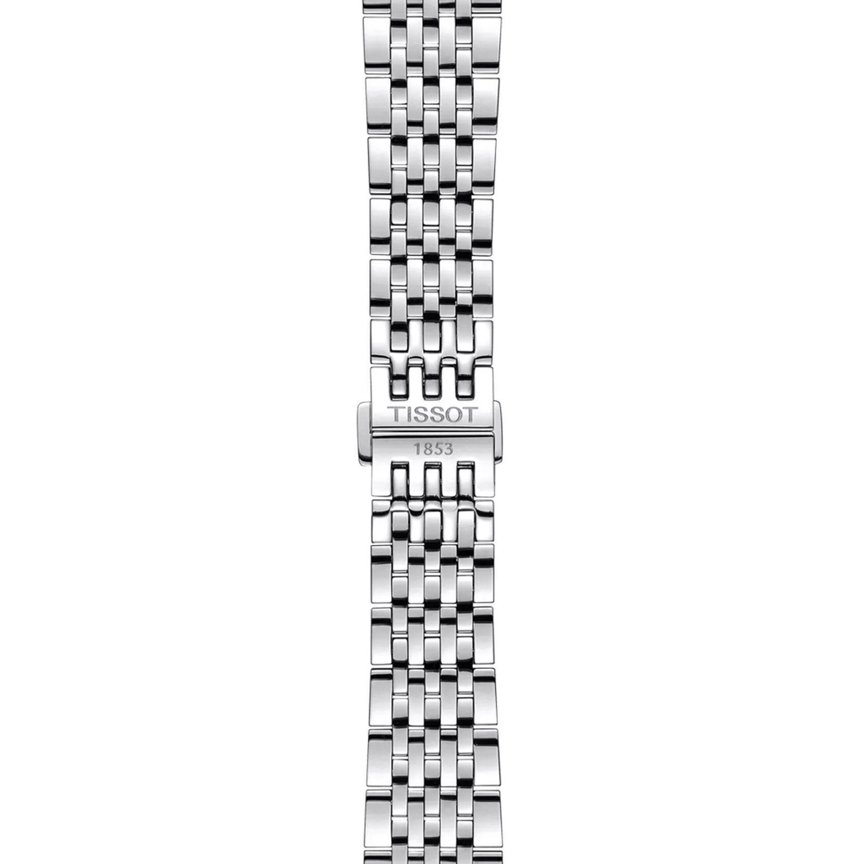Silver watch strap with Tissot logo on a white background