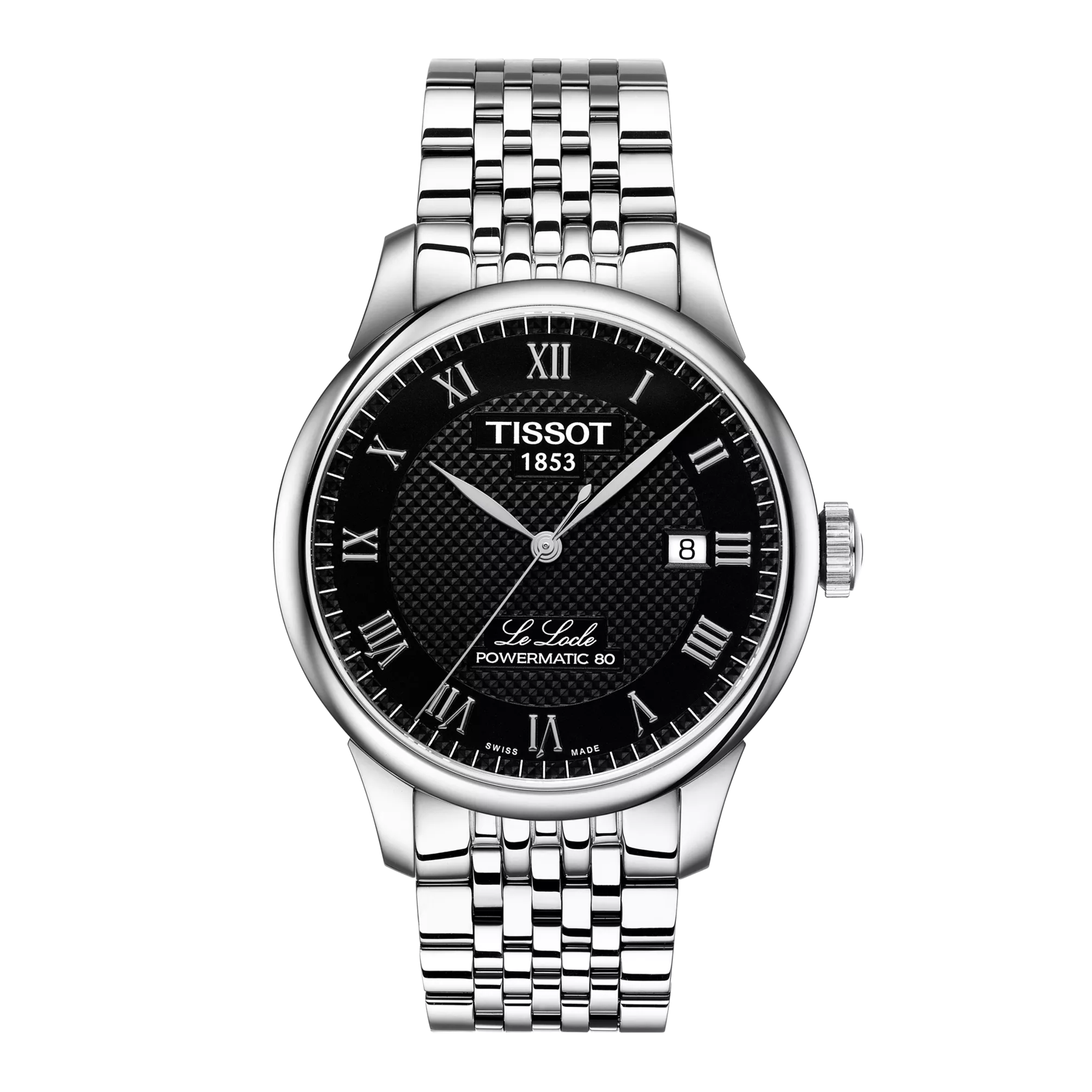 Tissot watch with black dial and silver bracelet on a white background