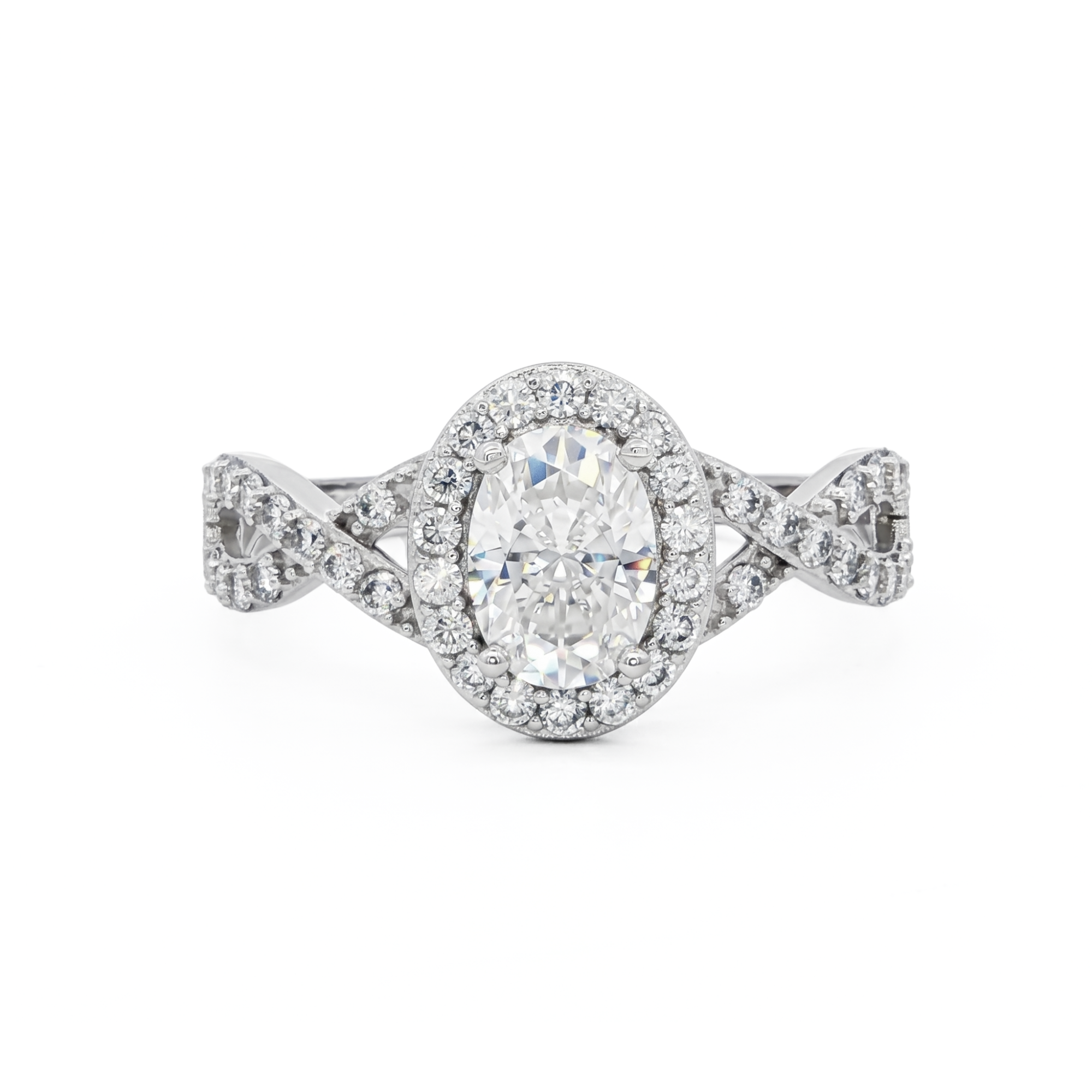 14K White Gold 1CT. Oval-Cut Moissanite Halo and Twisted Shank Engagement Ring